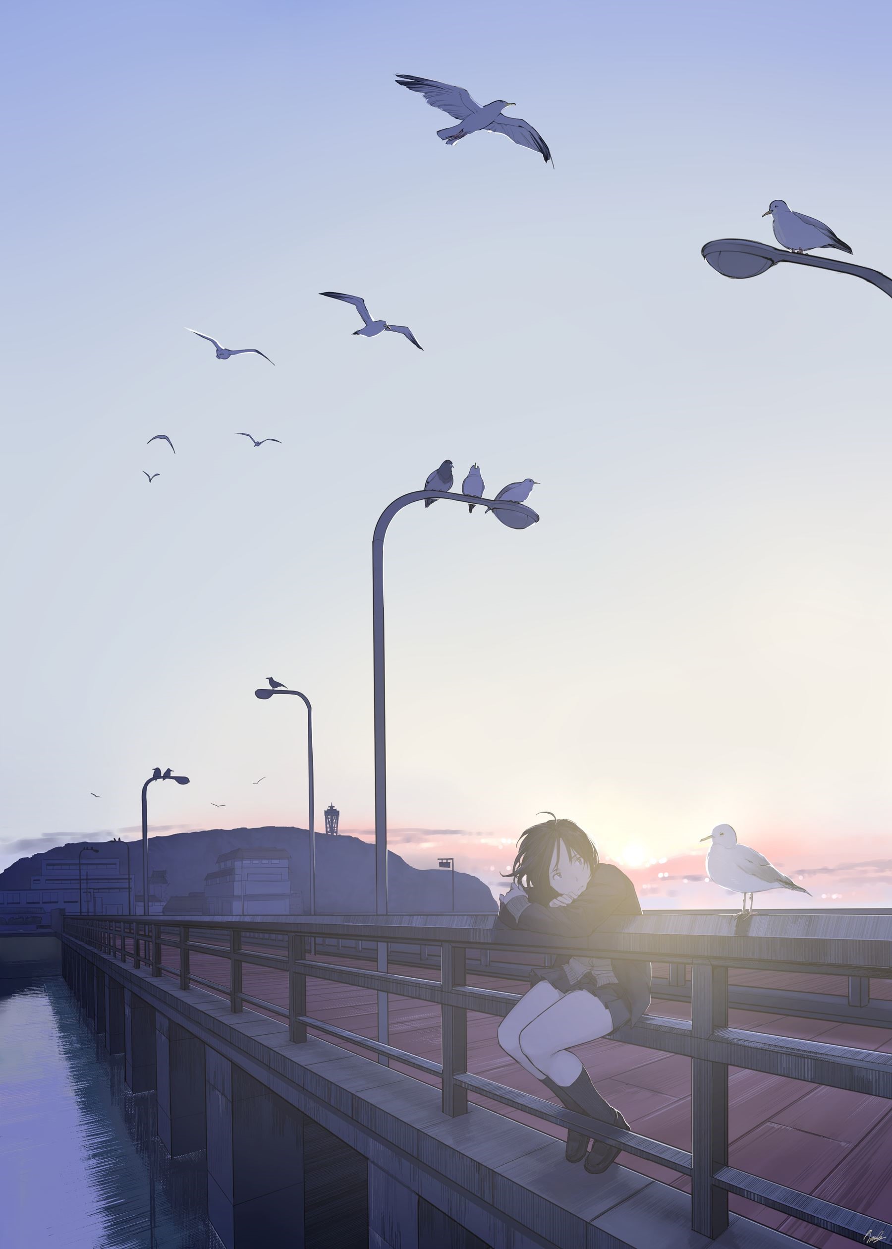 Anime girl in school uniform on a pier with birds HD Phone Wallpaper
