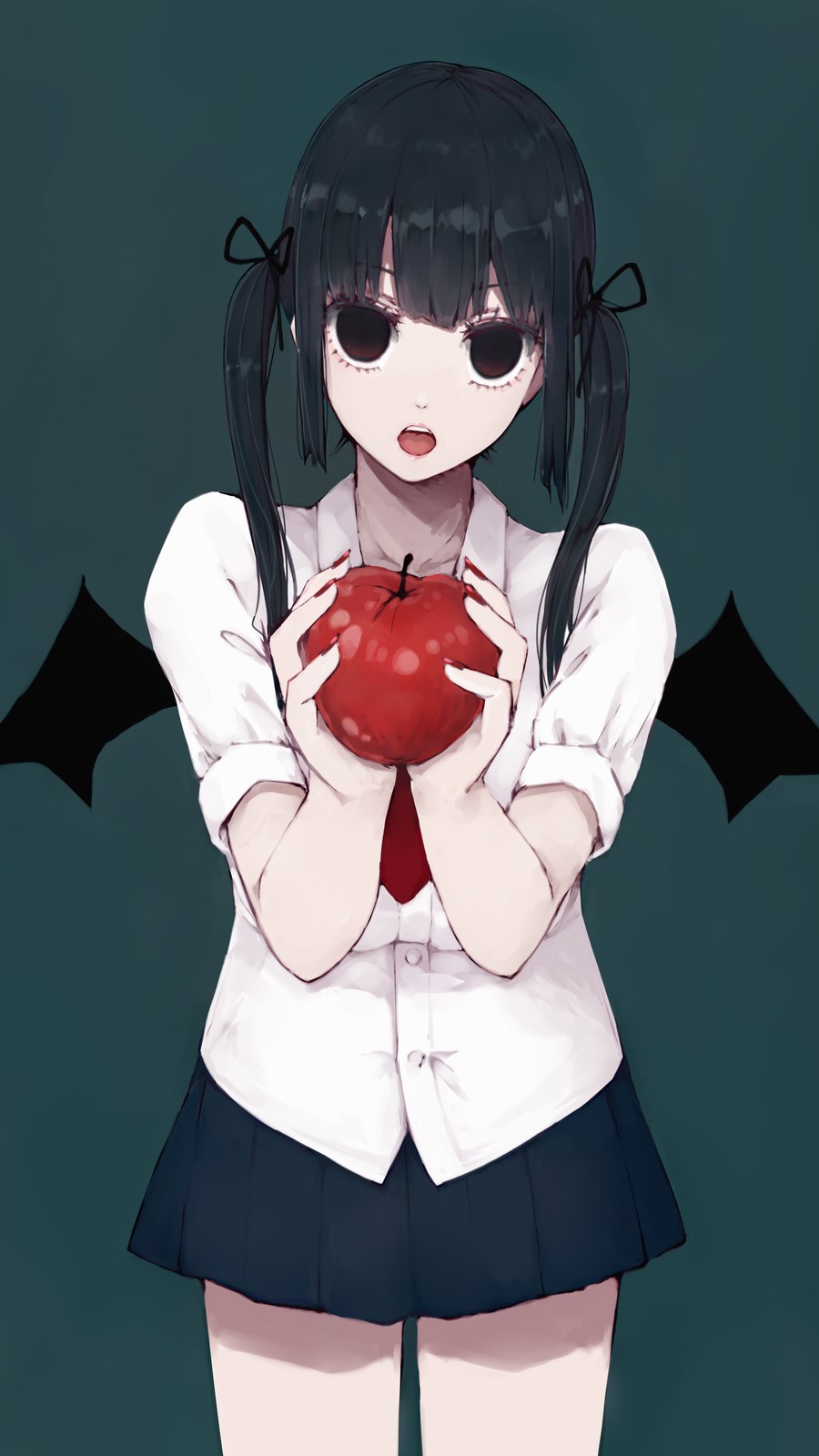 Anime girl with dark hair and wings holding an apple HD Phone Wallpaper