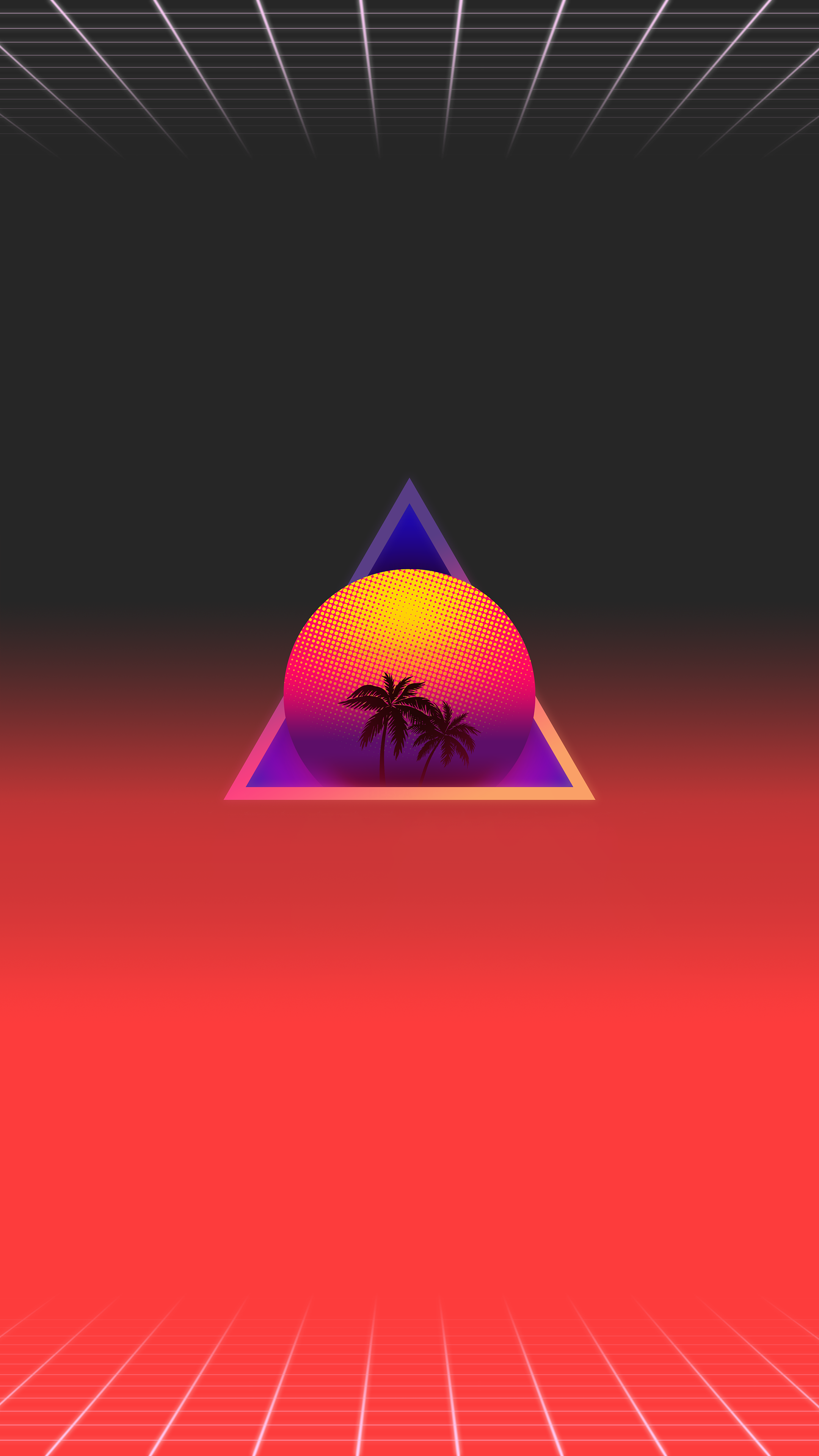 Synthwave sunset with palm trees and grid HD Phone Wallpaper