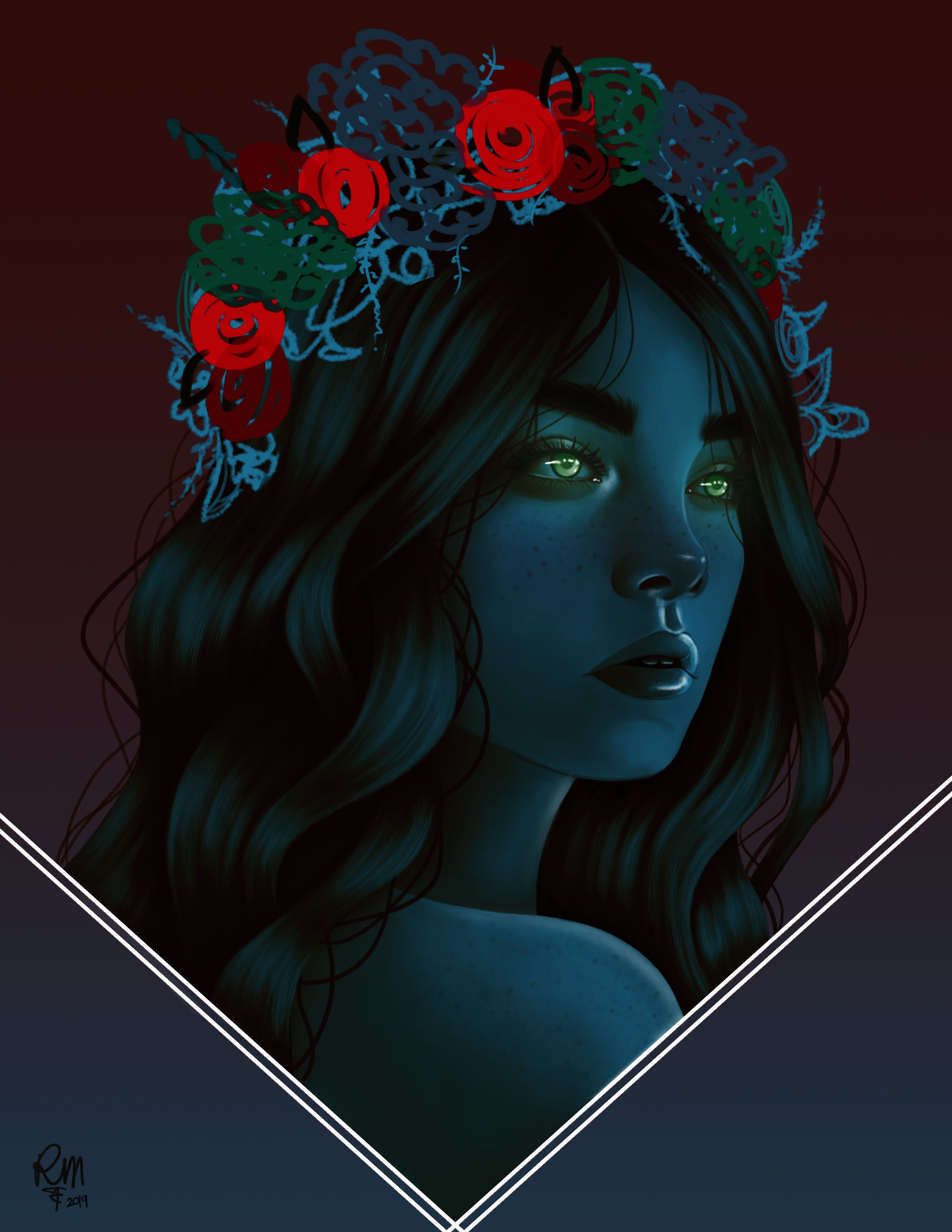 Digital painting of a woman with glowing green eyes and a flower crown HD Phone Wallpaper