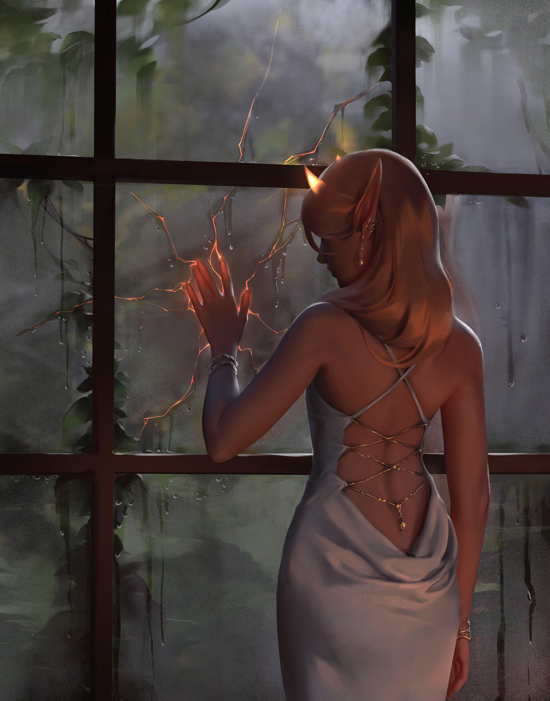 Woman with horns by a window HD Phone Wallpaper