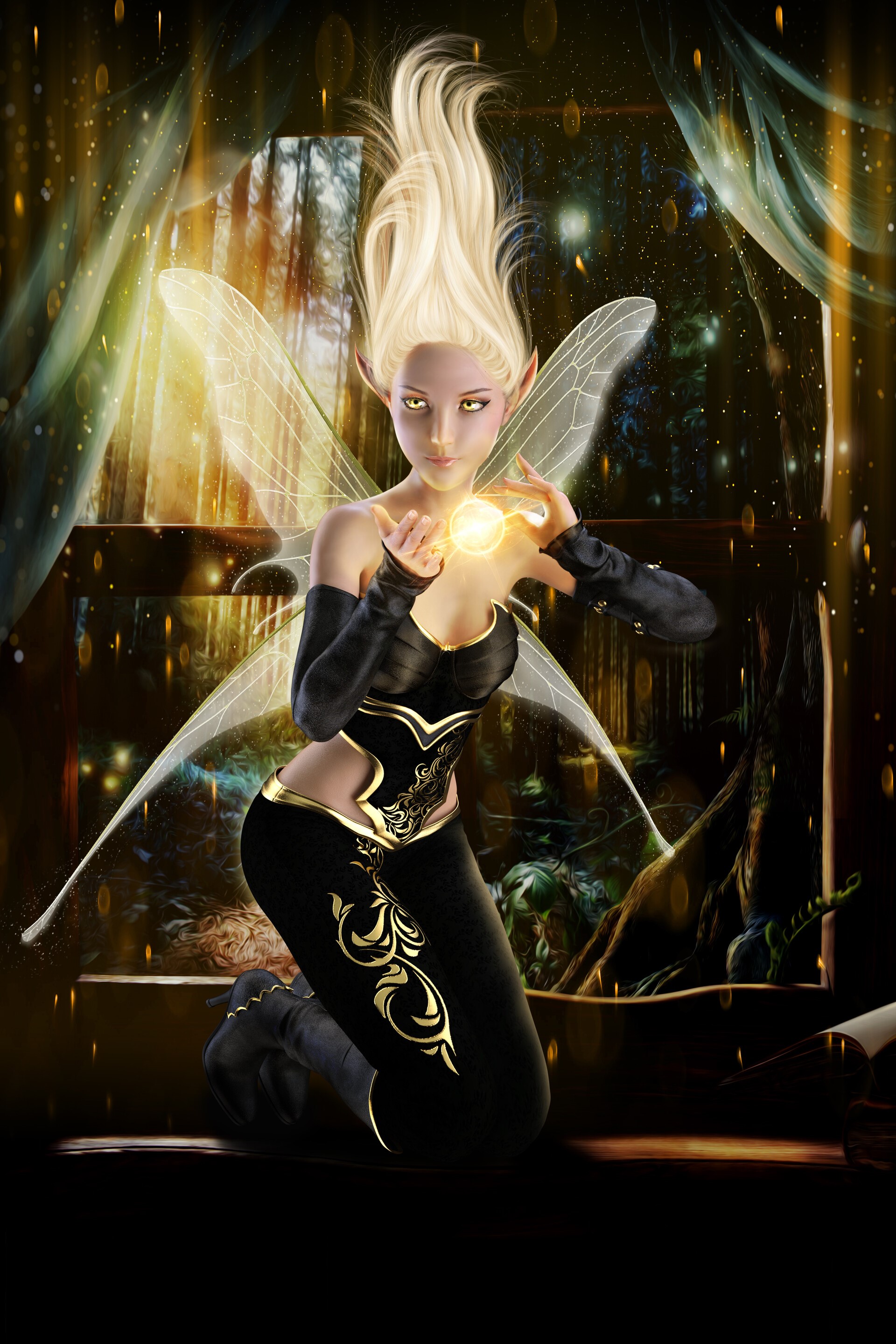 Blonde fairy with yellow eyes holding a glowing orb HD Phone Wallpaper