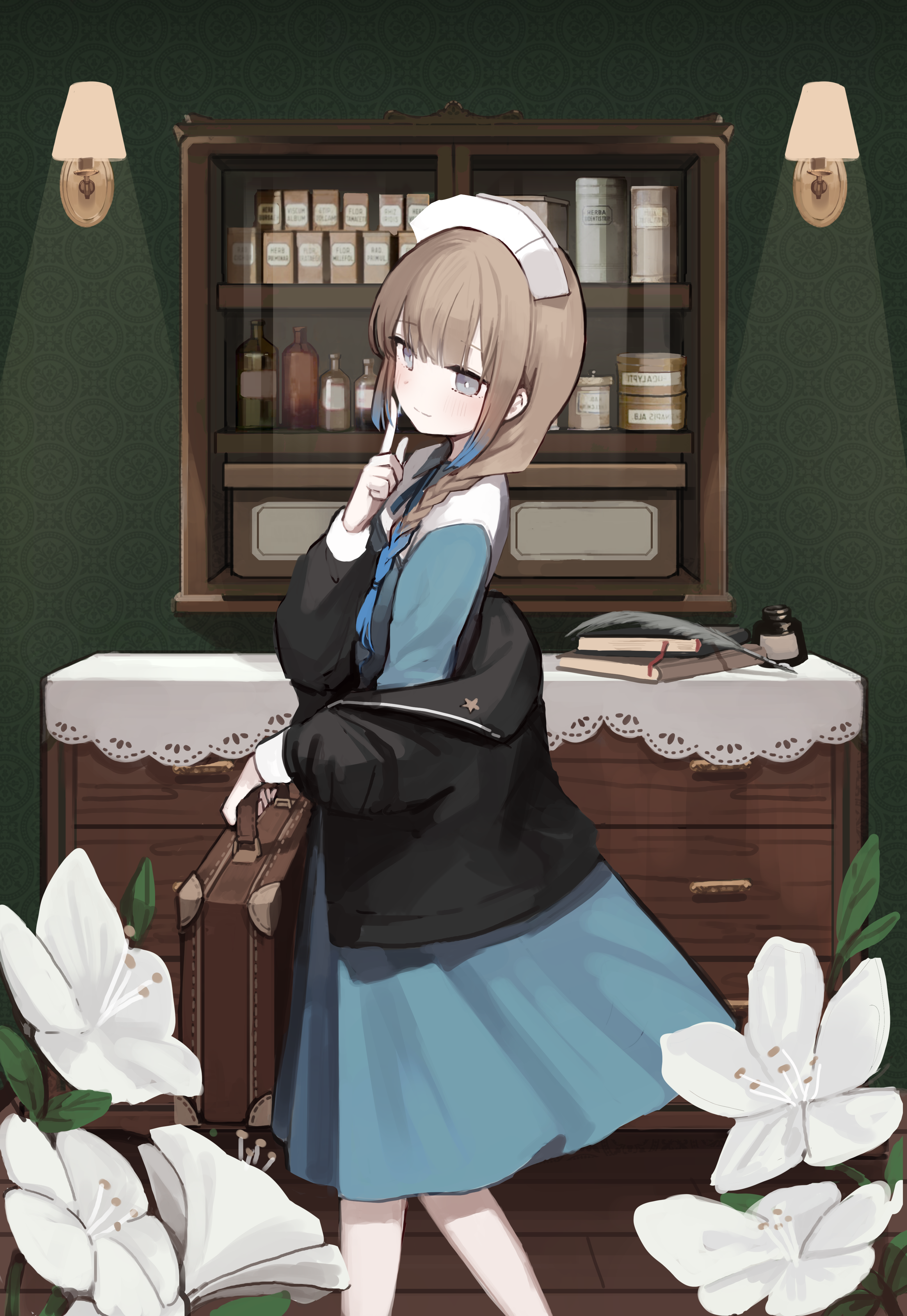 Anime girl in nurse outfit with suitcase HD Phone Wallpaper