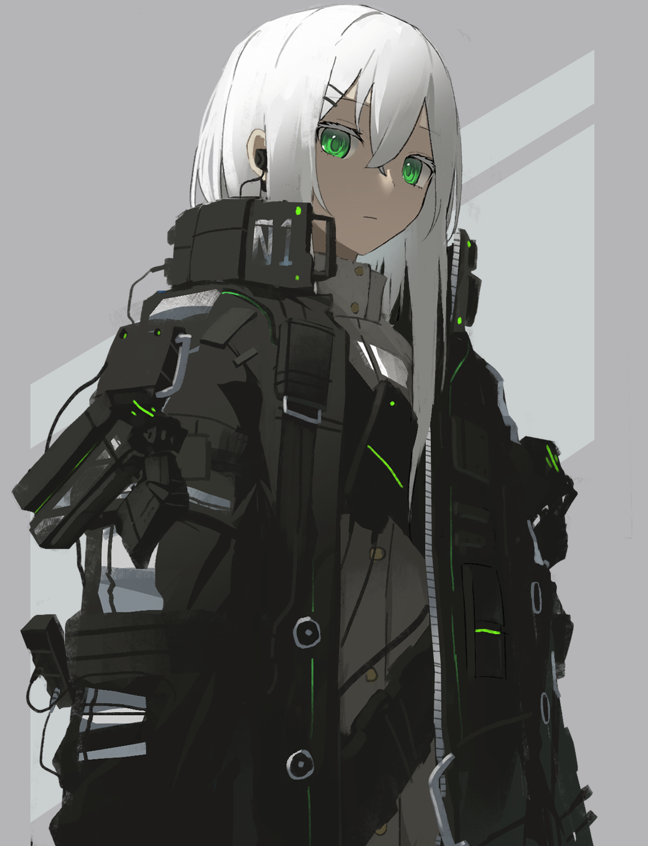 Anime girl with white hair and green eyes in tactical gear HD Phone Wallpaper