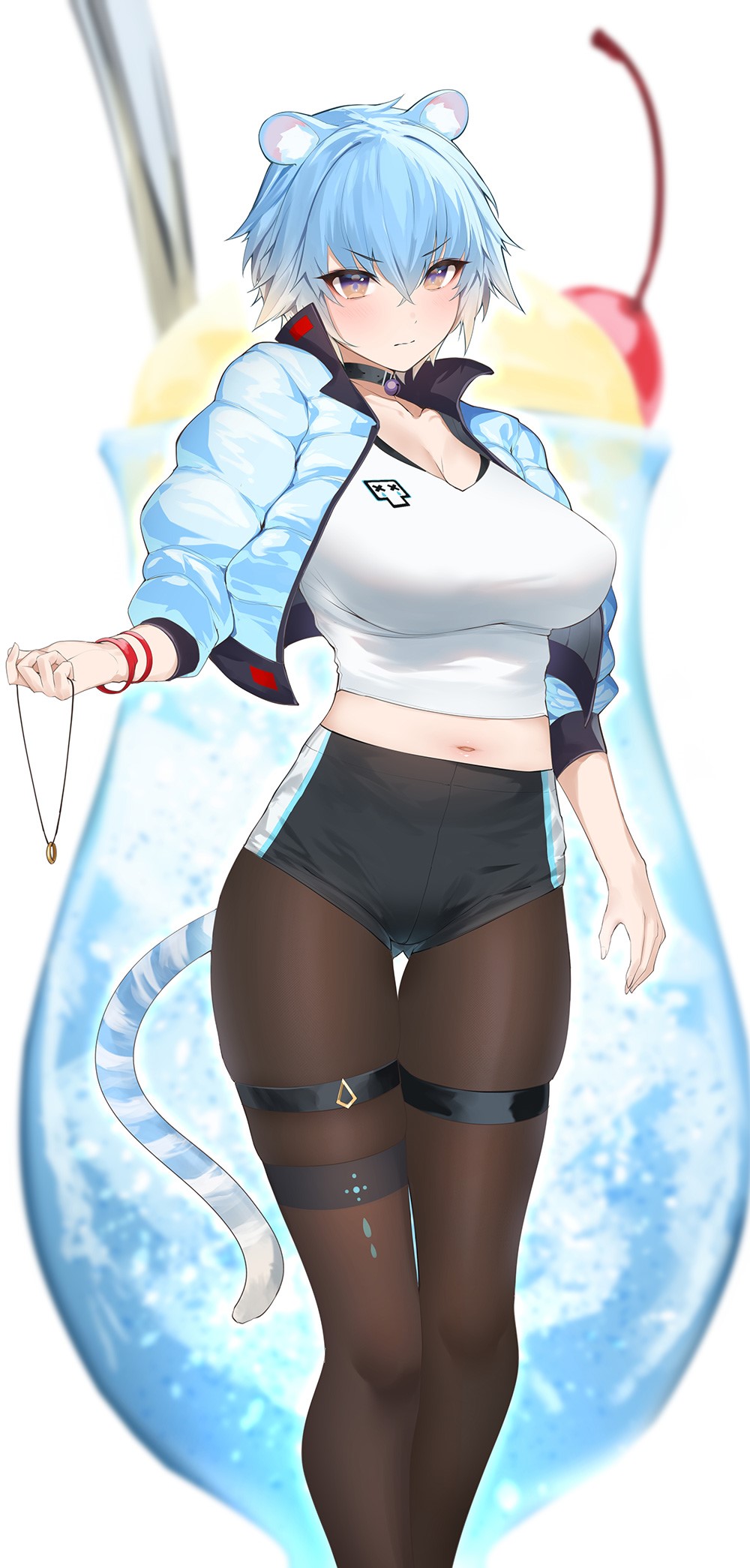 Anime girl with blue hair and tiger tail HD Phone Wallpaper