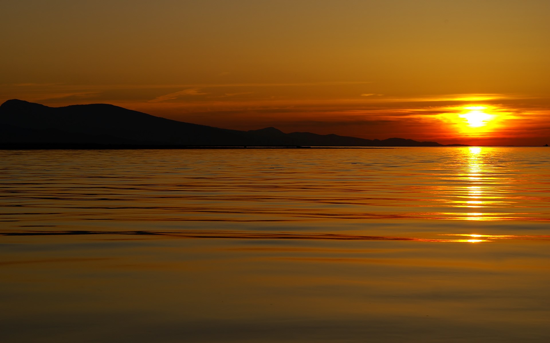 Sunset over the ocean with mountains HD Wallpaper