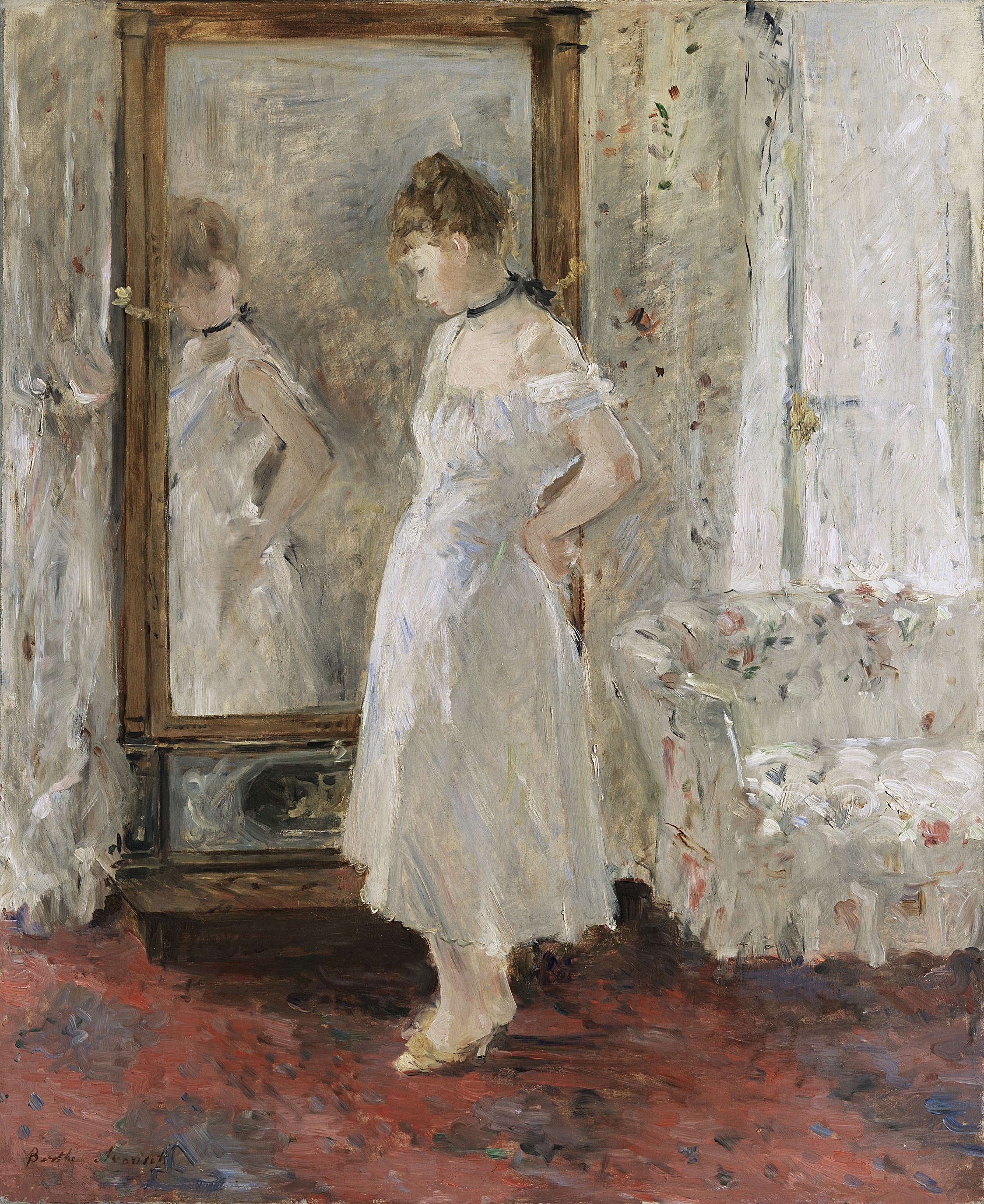 Young Woman in a White Dress Looking in a Mirror by Berthe Morisot HD Phone Wallpaper