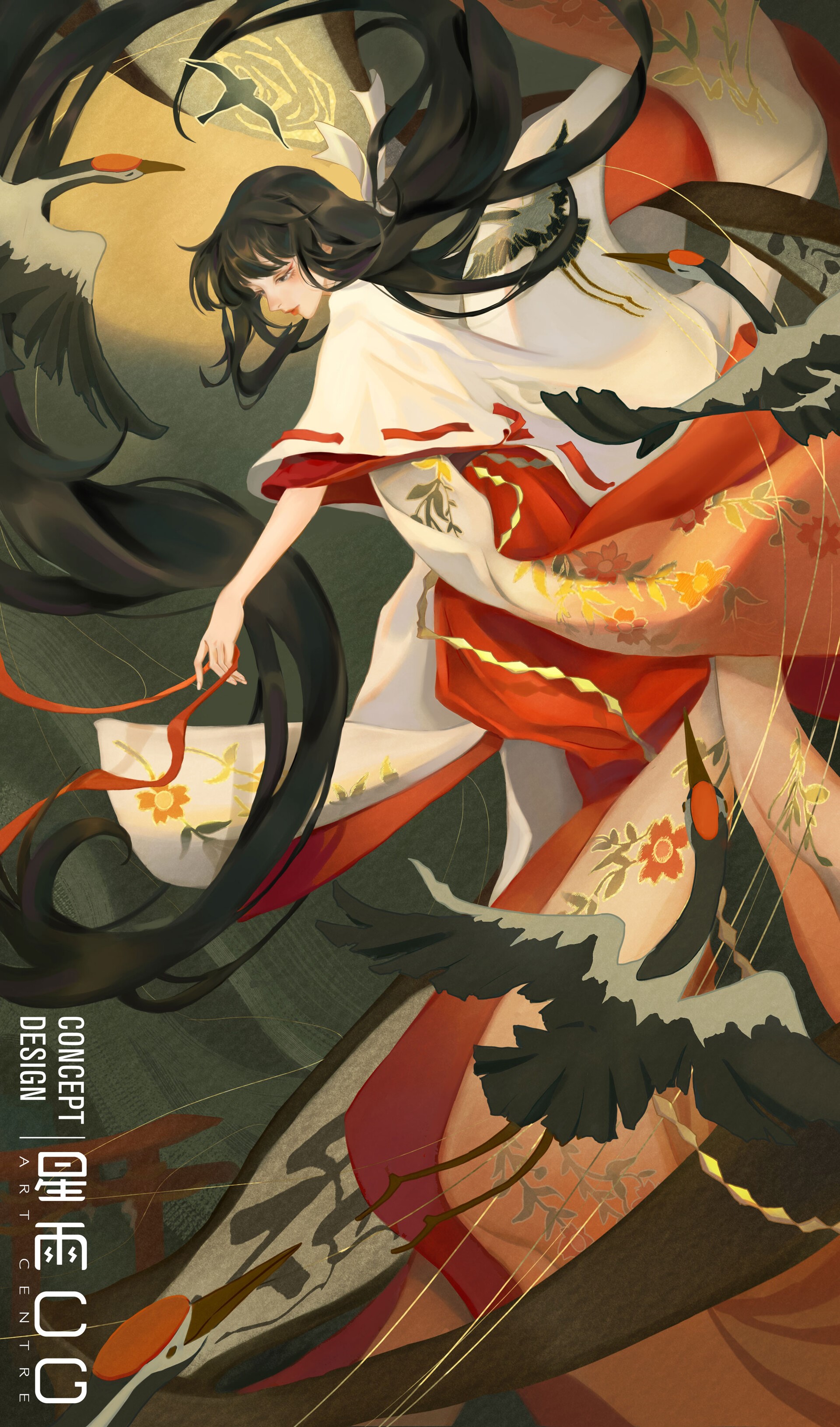 Asian woman in traditional Japanese attire surrounded by cranes HD Phone Wallpaper