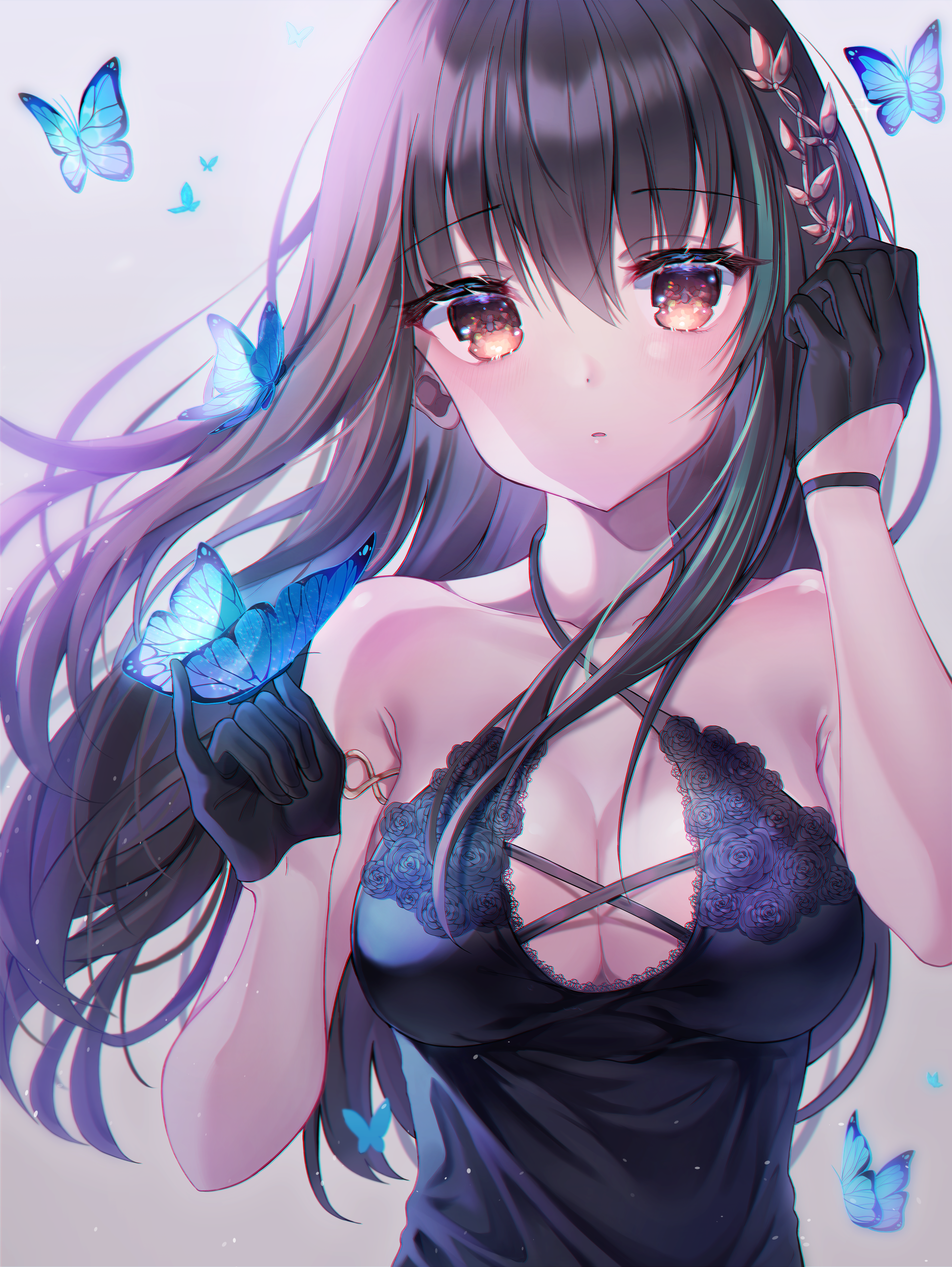 Anime girl with black dress and butterflies HD Phone Wallpaper