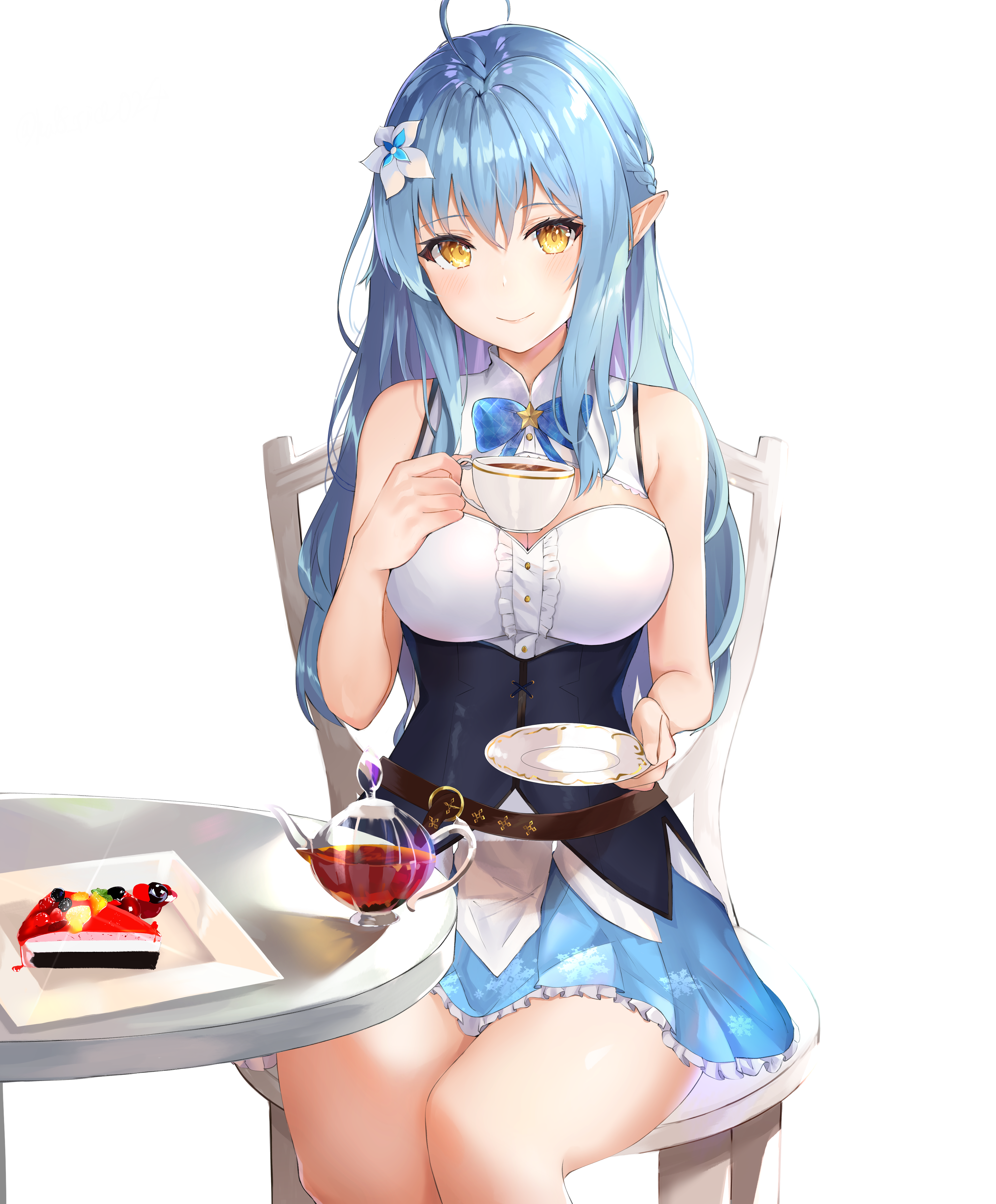 Yukihana Lamy from Hololive drinking tea with cake HD Phone Wallpaper