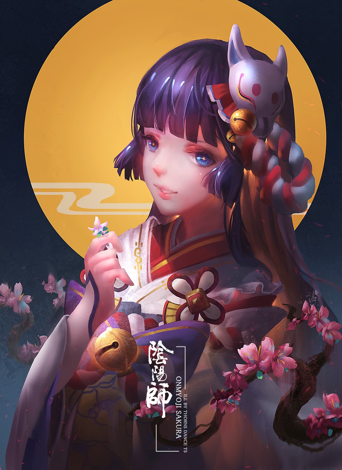 Anime girl in kimono with fox mask and cherry blossoms HD Phone Wallpaper