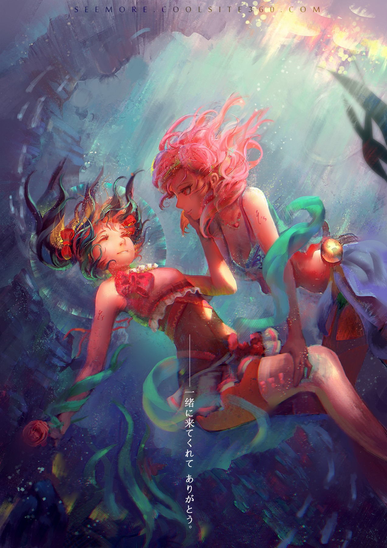 Two anime girls underwater HD Phone Wallpaper