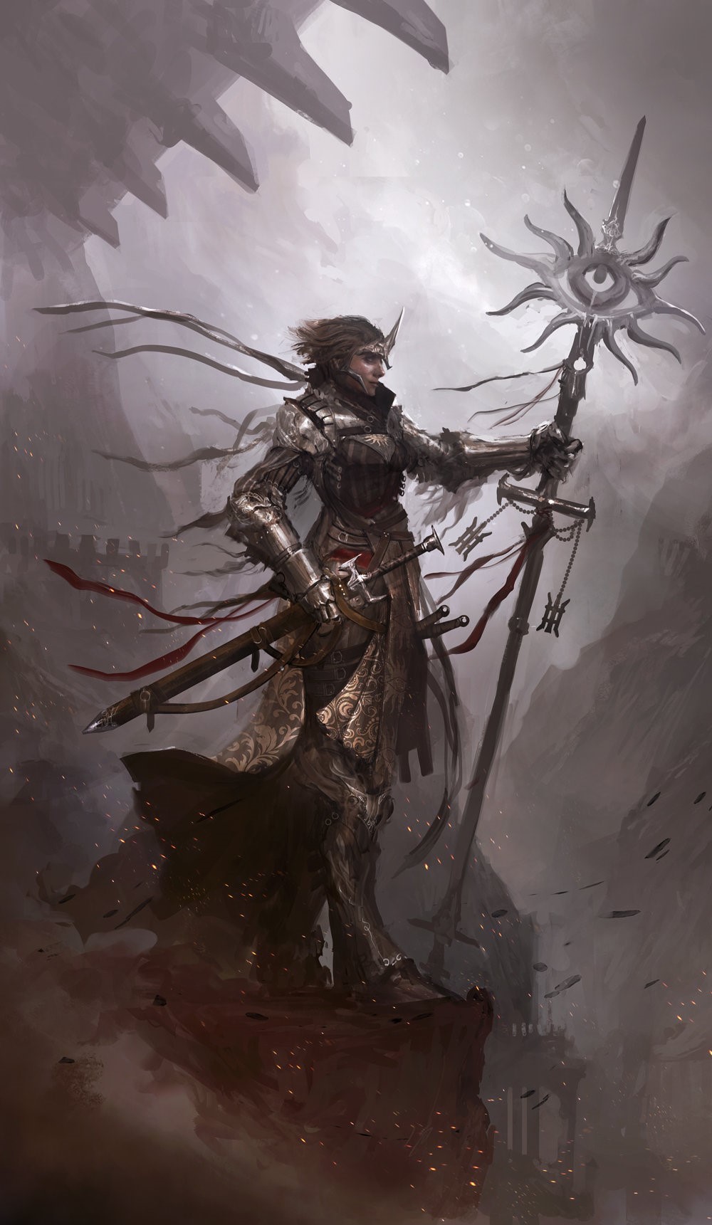 Armored warrior with a sun-like staff HD Phone Wallpaper