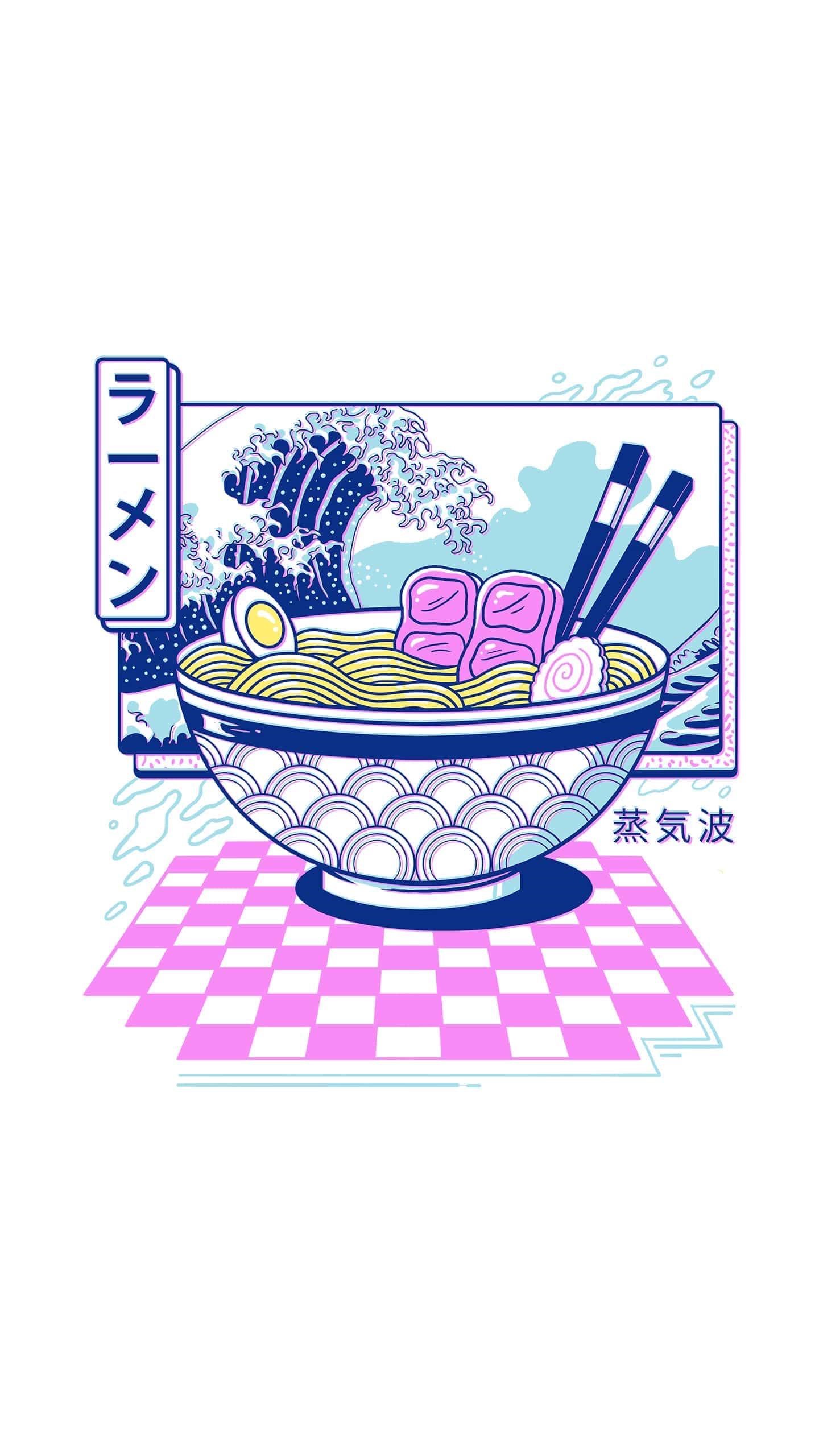 Ramen bowl with Japanese wave art and kanji HD Phone Wallpaper