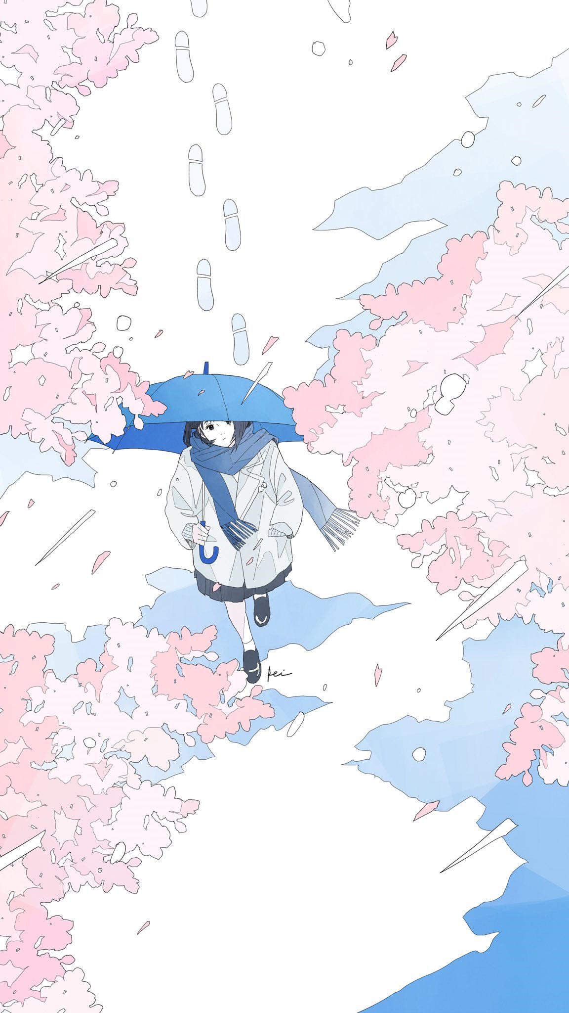 Anime girl with umbrella under cherry blossoms HD Phone Wallpaper
