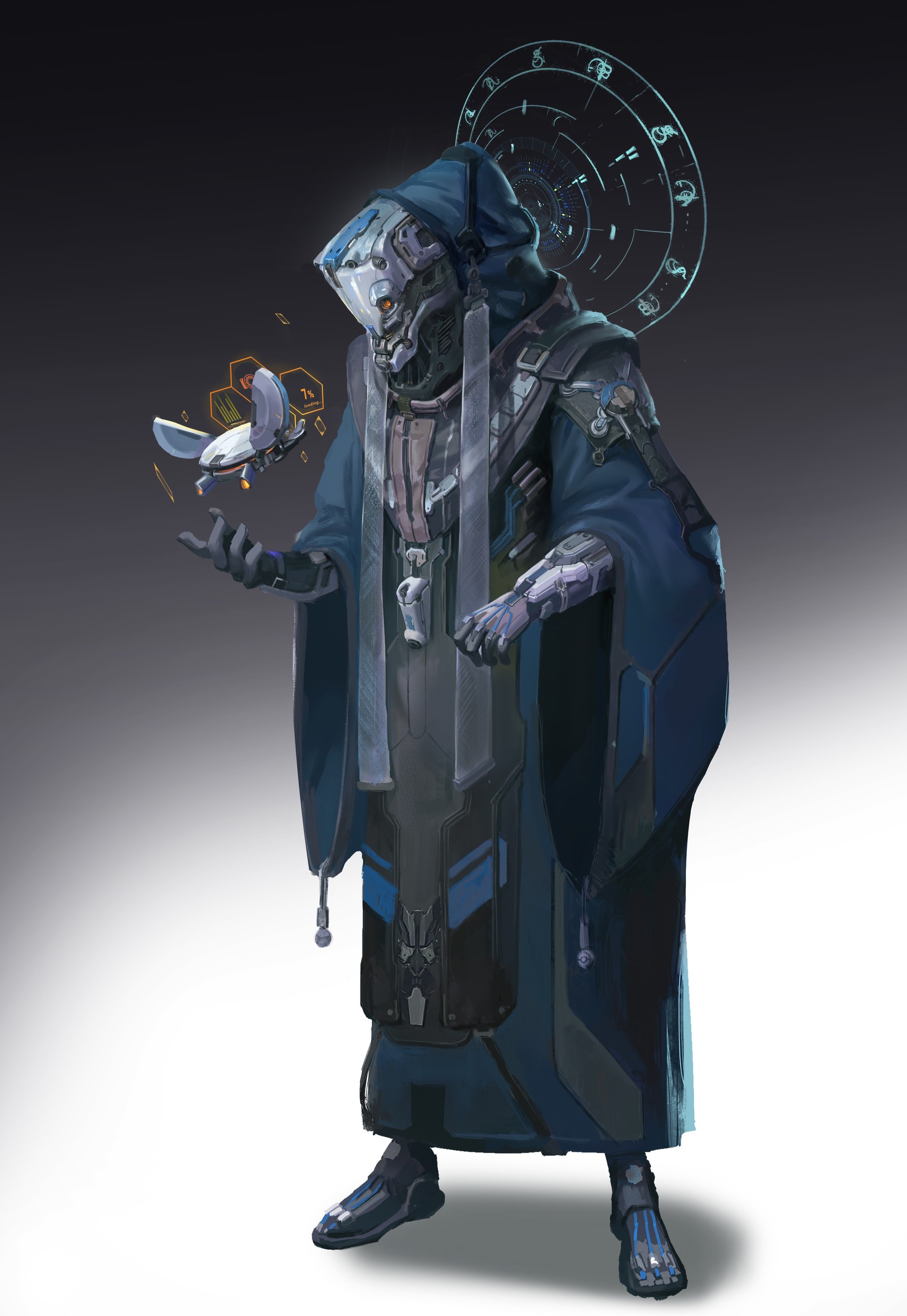 Sci-fi character in blue robe with drone HD Phone Wallpaper