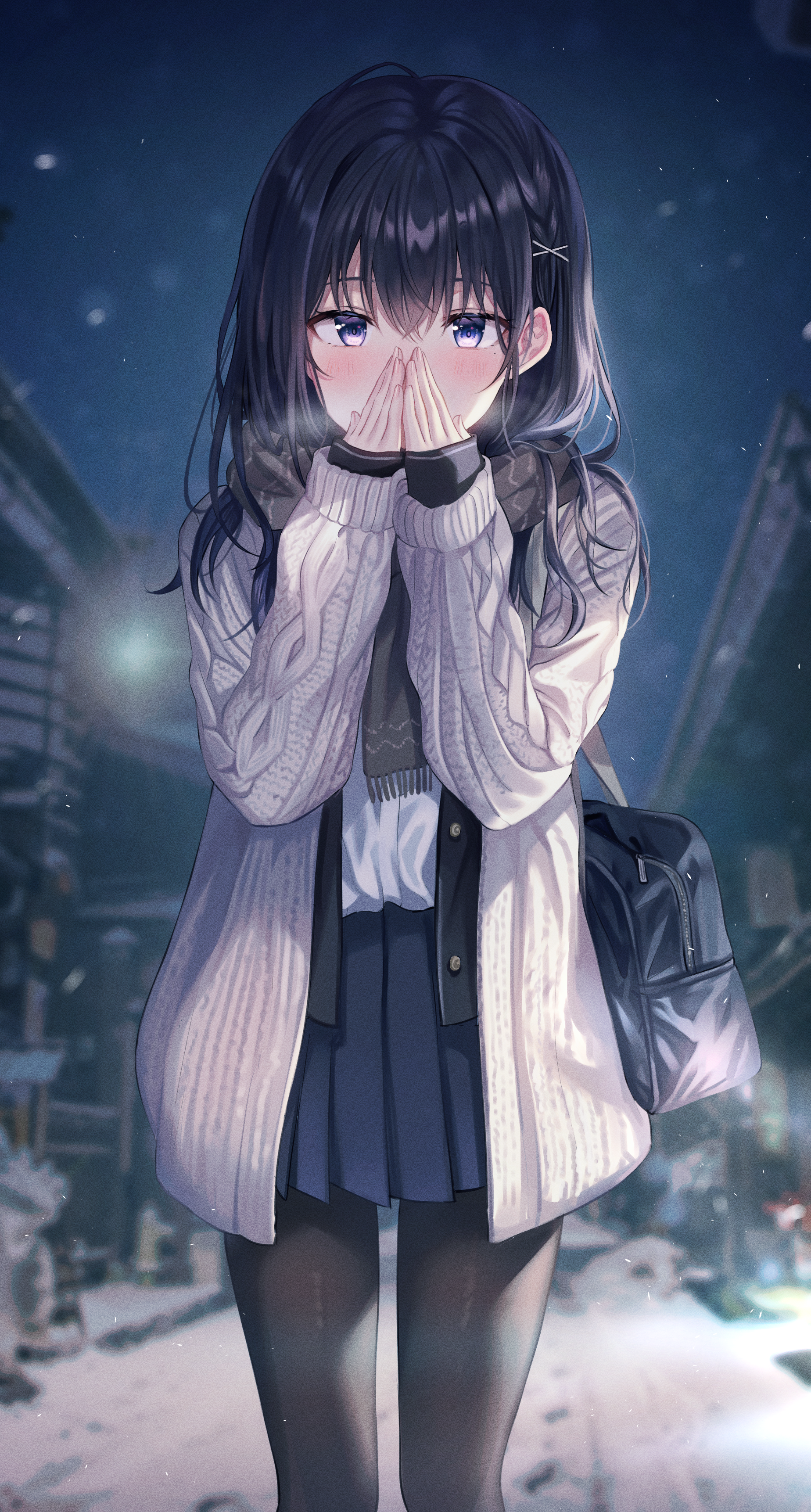 Anime girl in winter clothes, blue eyes, dark hair HD Phone Wallpaper