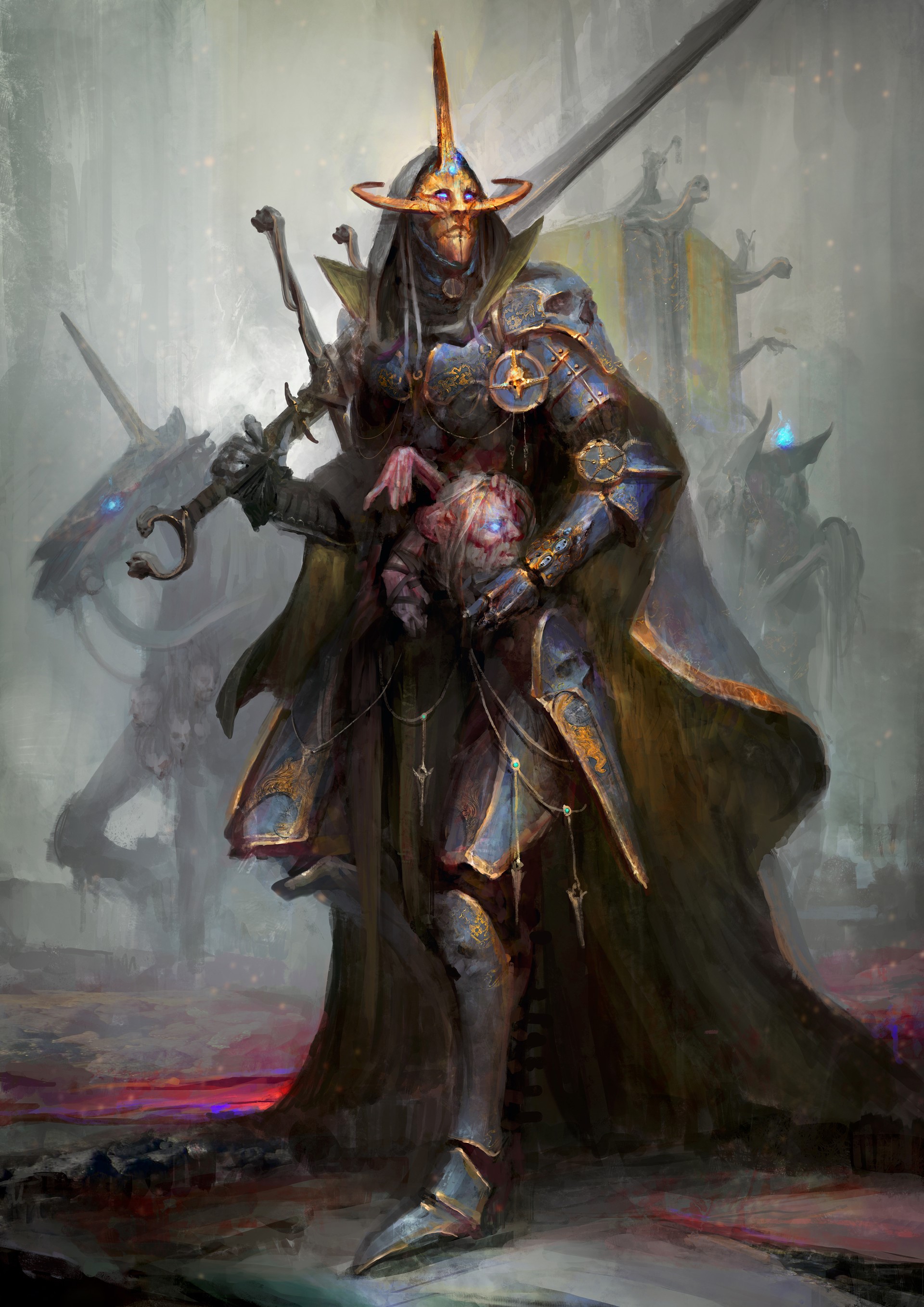 Armored warrior holding a severed head with swords HD Phone Wallpaper