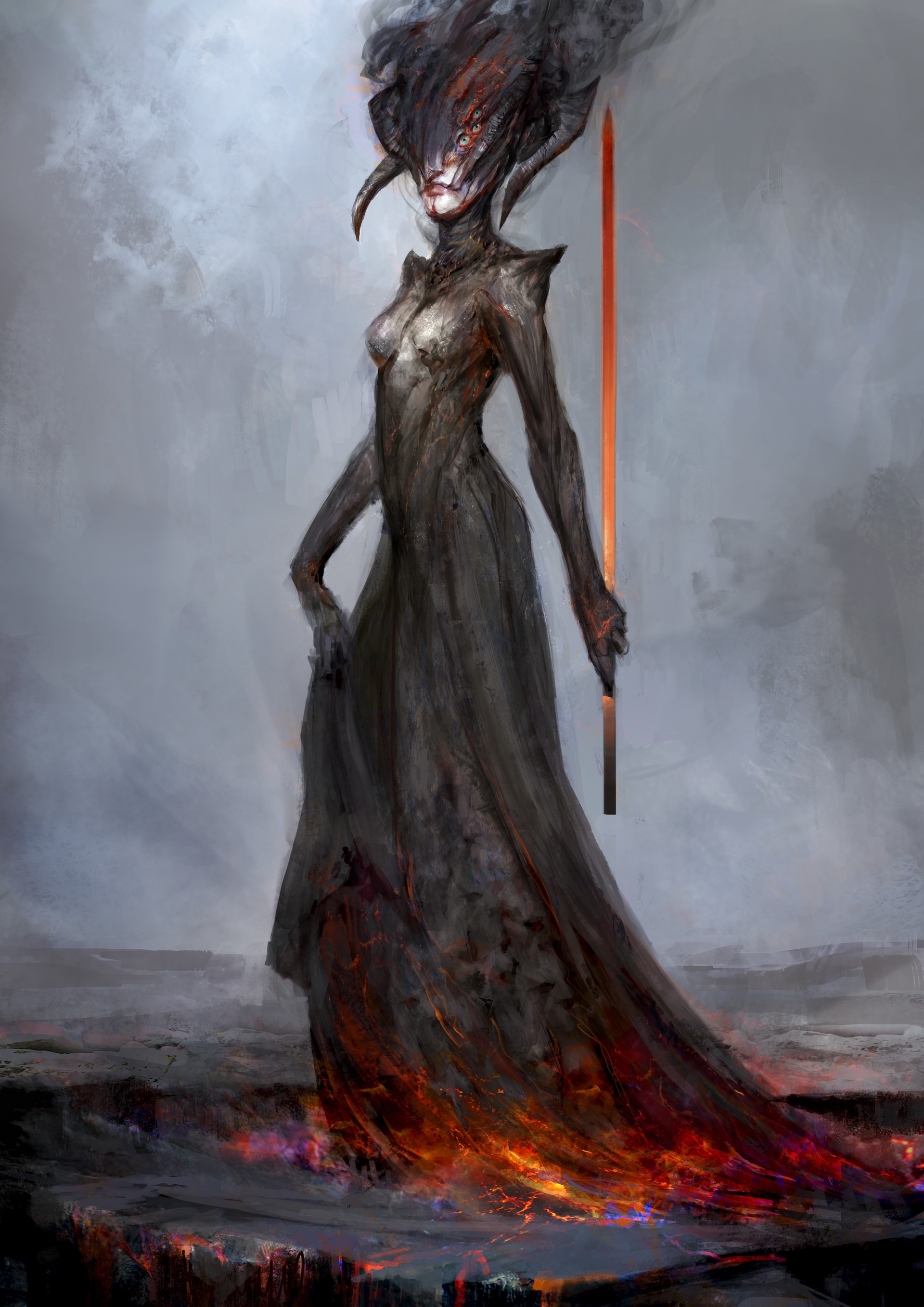 Fantasy art of a demonic figure with a glowing sword HD Phone Wallpaper