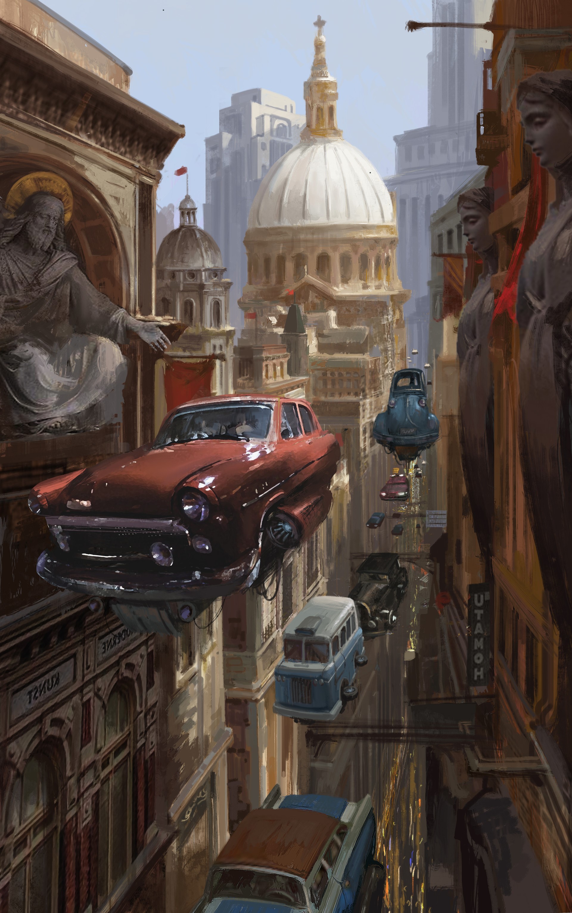 Futuristic city street with flying cars and architecture HD Phone Wallpaper