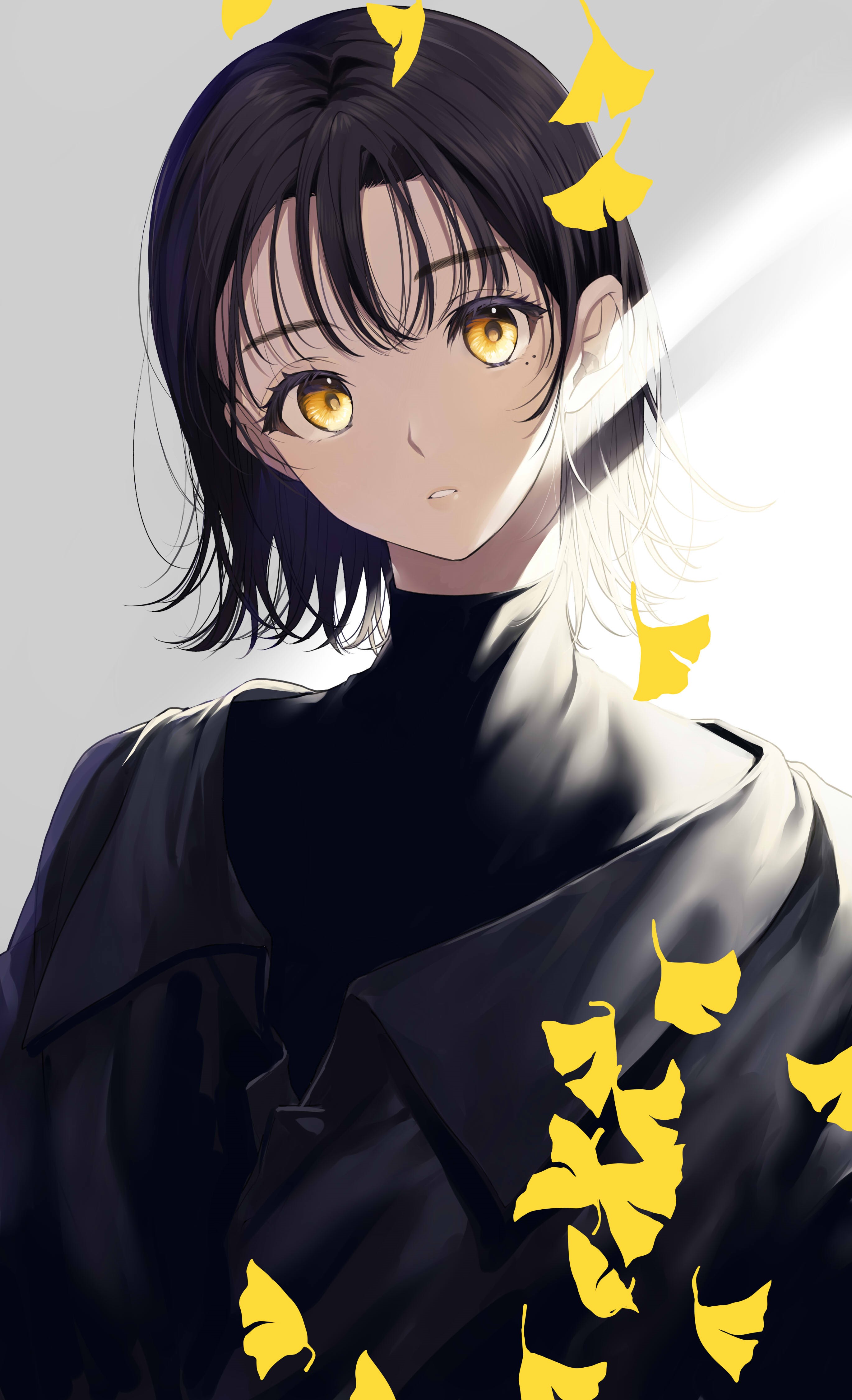 Anime girl with short black hair and yellow eyes HD Phone Wallpaper