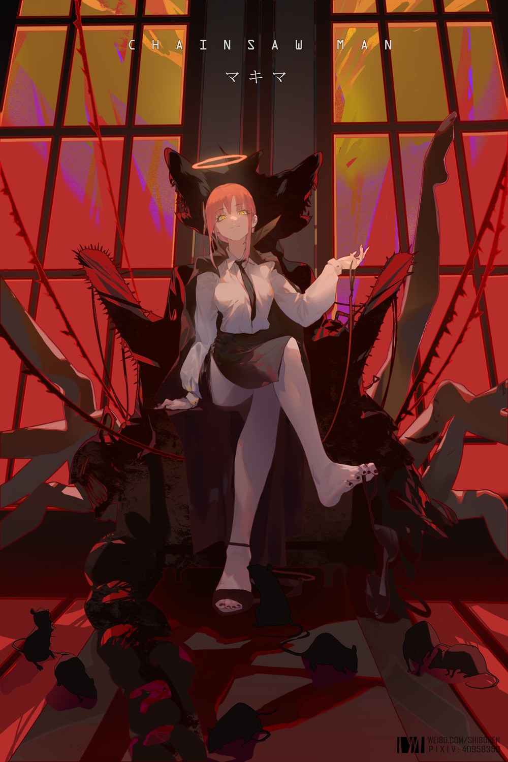 Makima from Chainsaw Man sitting on a throne HD Phone Wallpaper