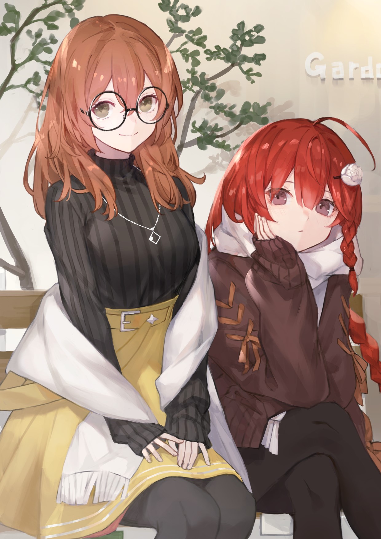 Two anime girls sitting on a bench HD Phone Wallpaper