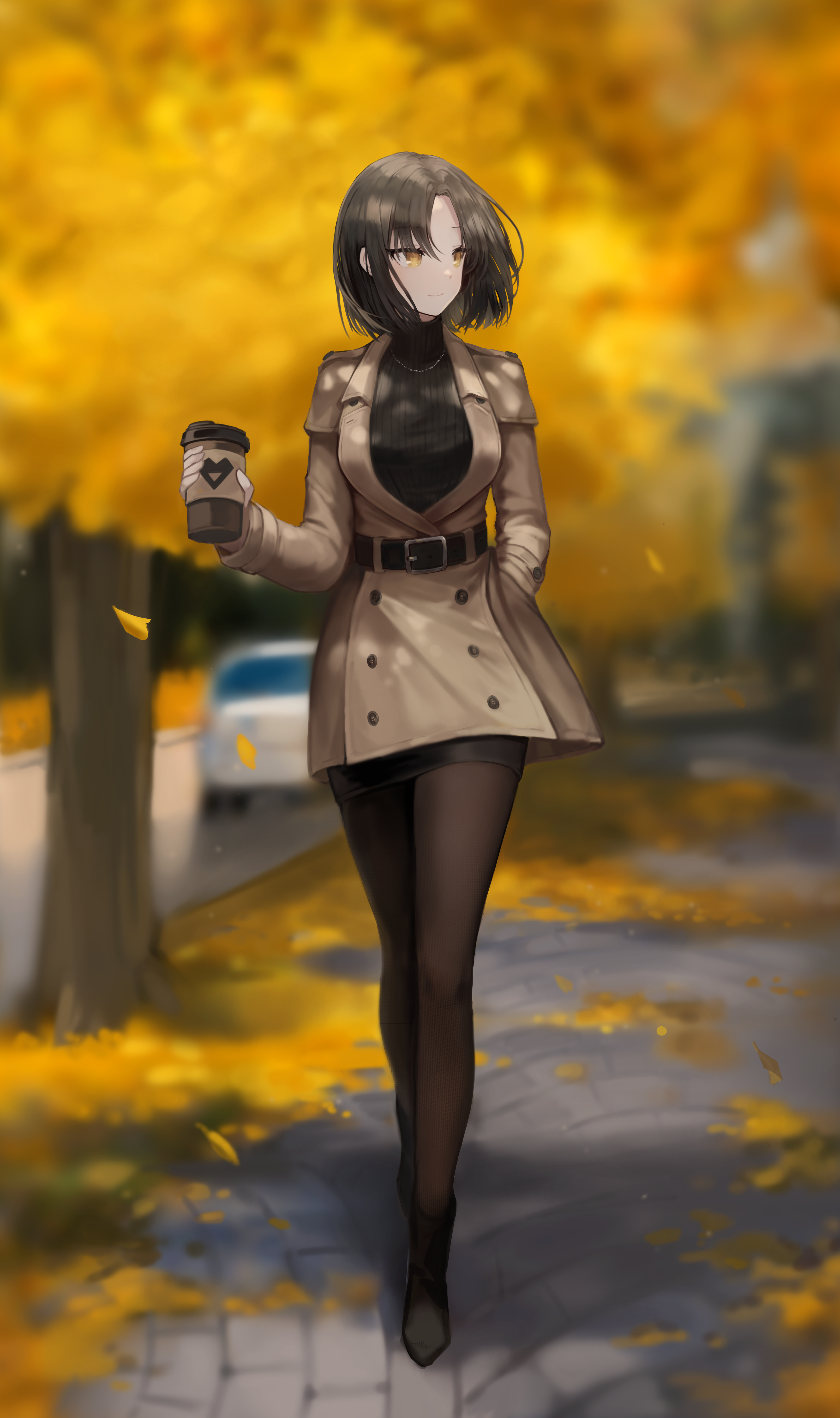 Anime girl in trench coat holding coffee cup in autumn HD Phone Wallpaper
