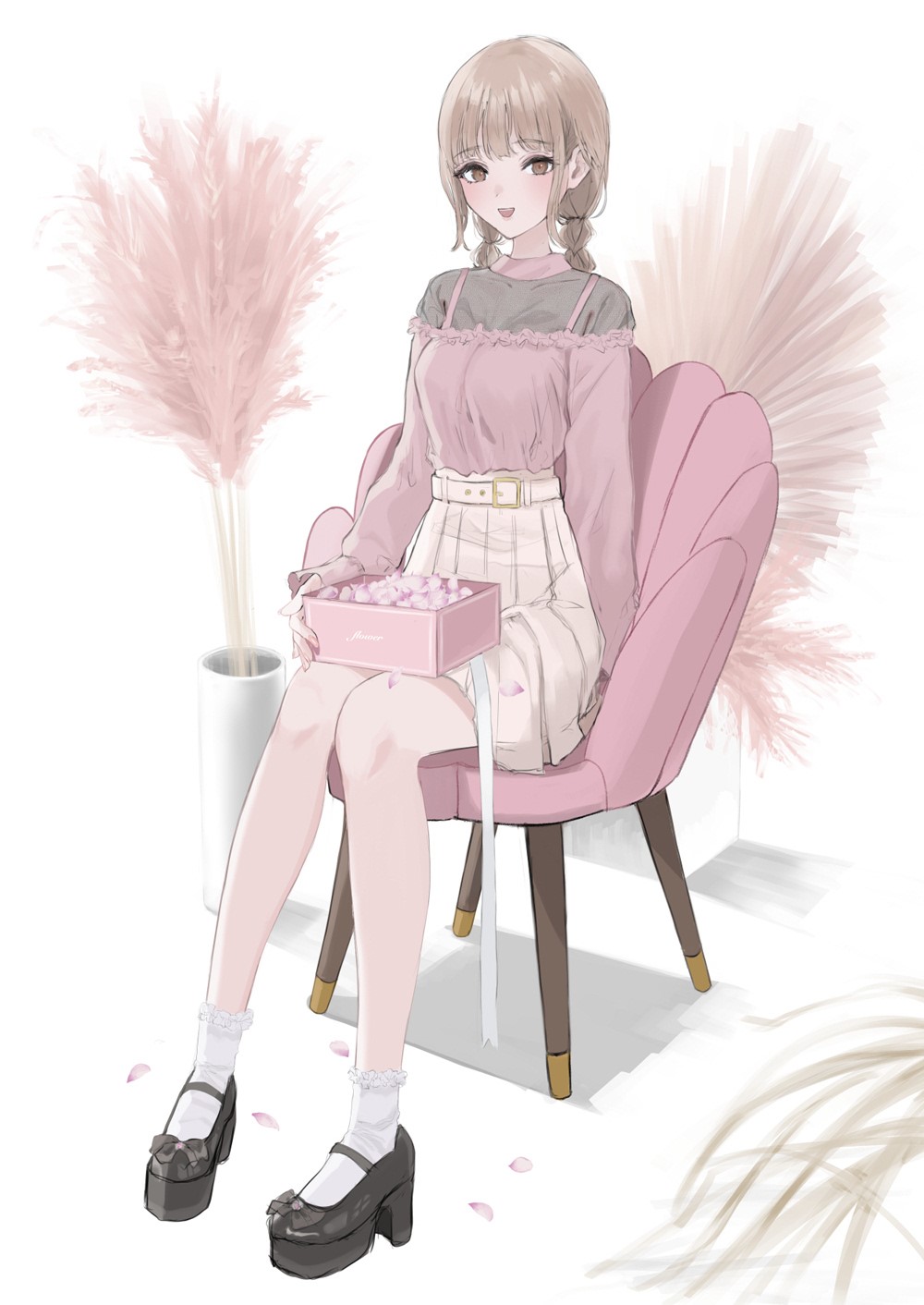 Anime girl with braids sitting in a pink chair holding a box HD Phone Wallpaper