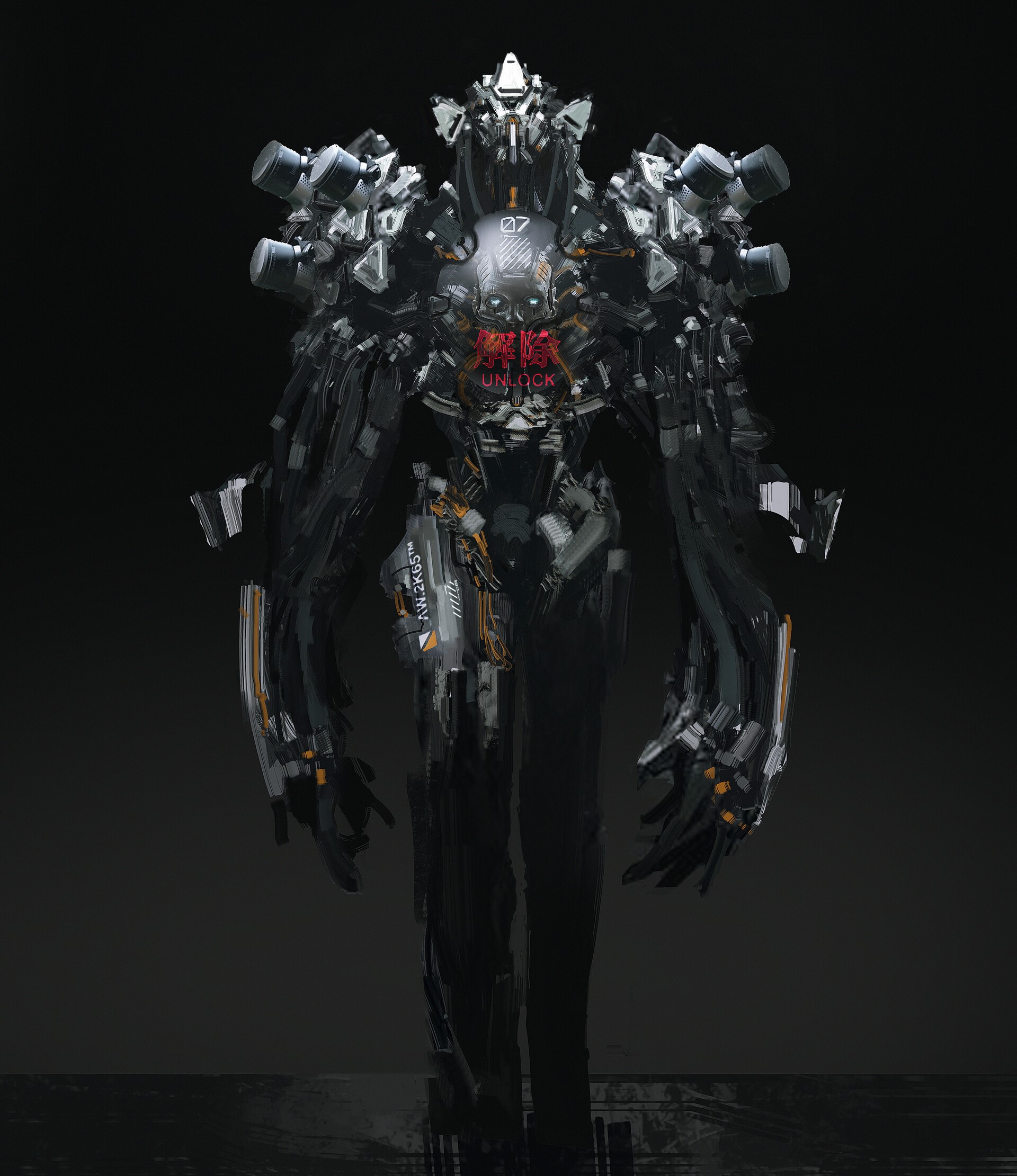 Artwork of a menacing robotic creature HD Phone Wallpaper