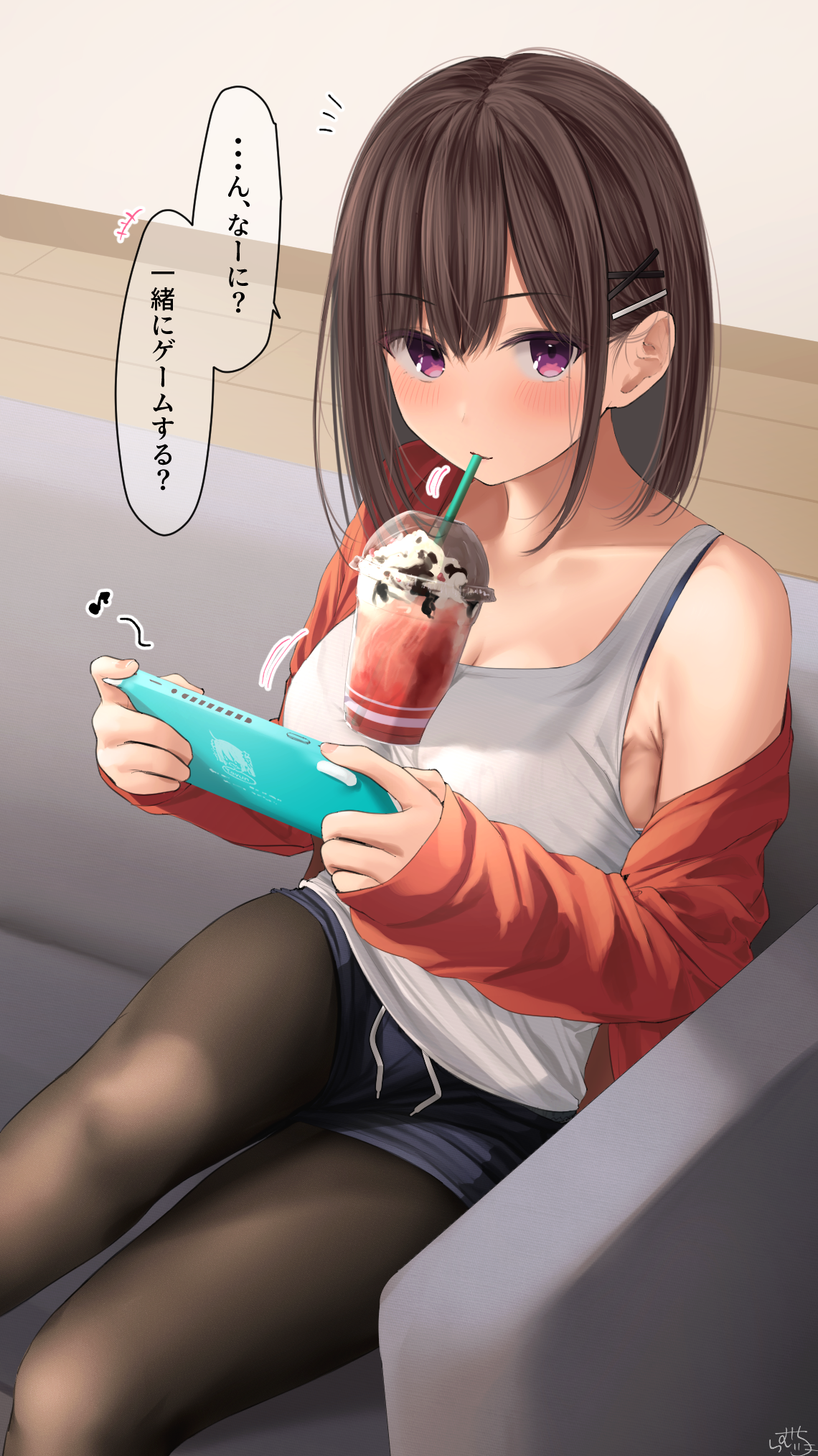Anime girl drinking and playing Nintendo Switch HD Phone Wallpaper