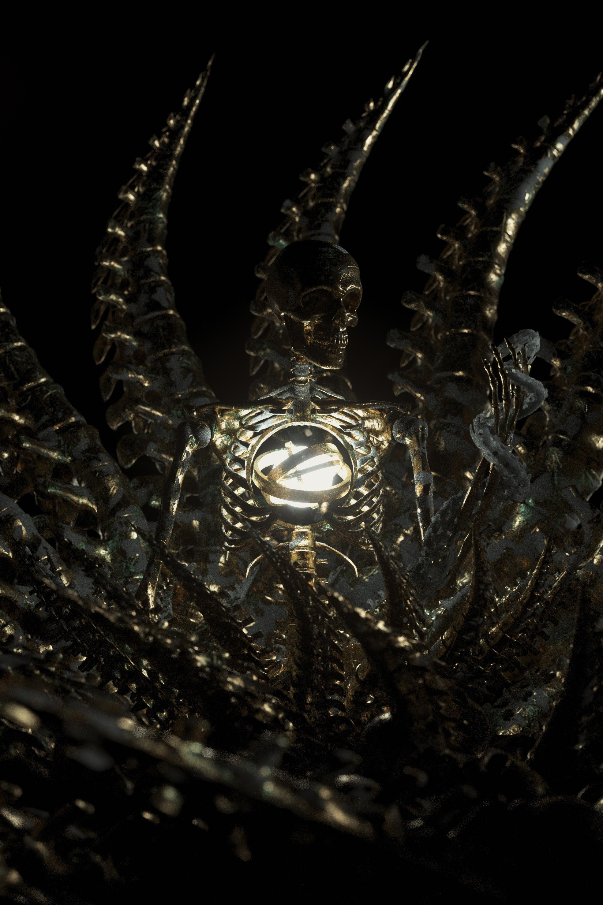 Golden skeleton with ornate wings and glowing core HD Phone Wallpaper