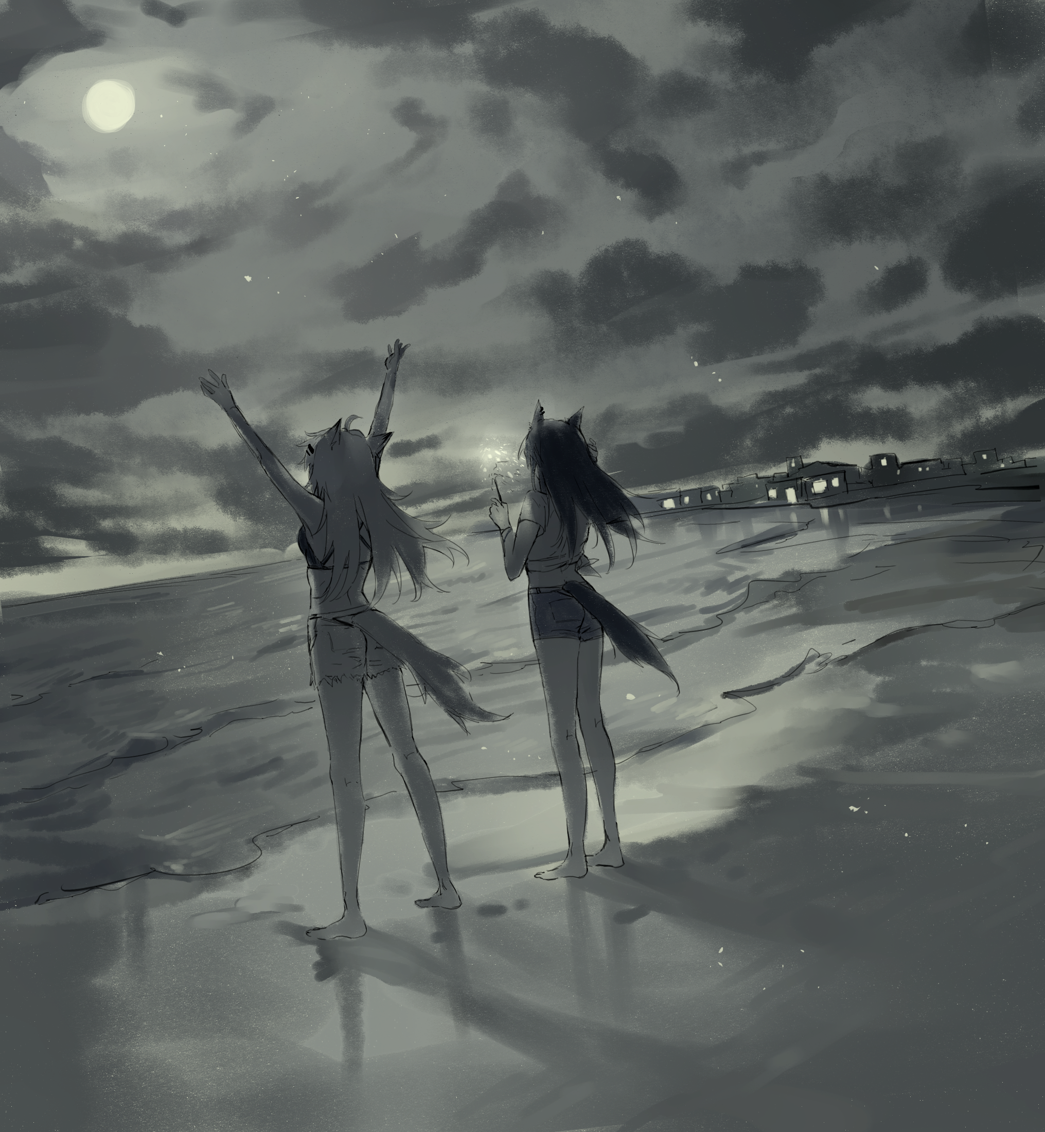 Texas and Lappland from Arknights on a beach at night HD Phone Wallpaper