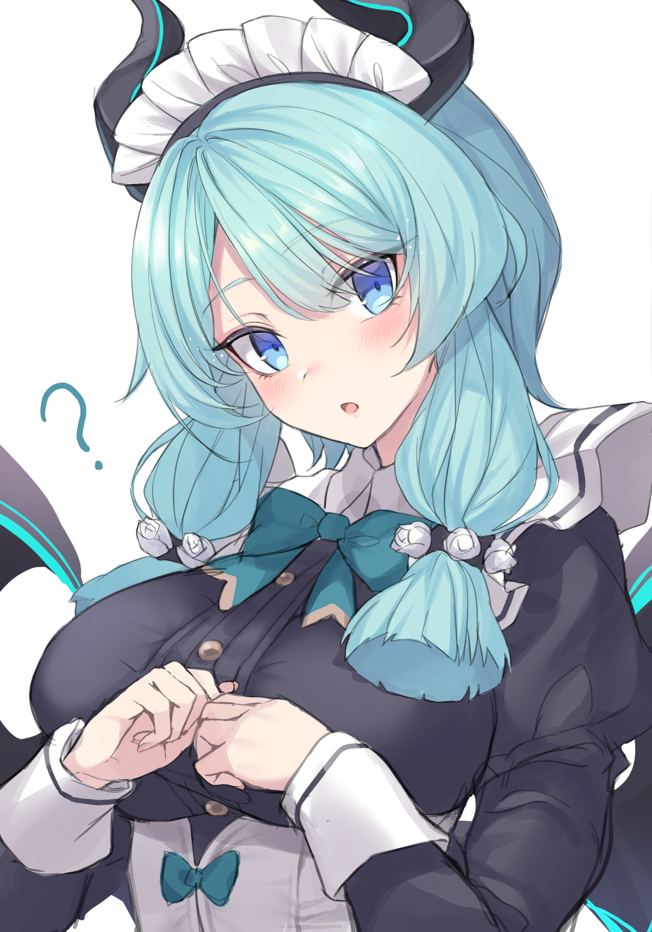 Anime girl with aqua hair and horns in maid outfit HD Phone Wallpaper