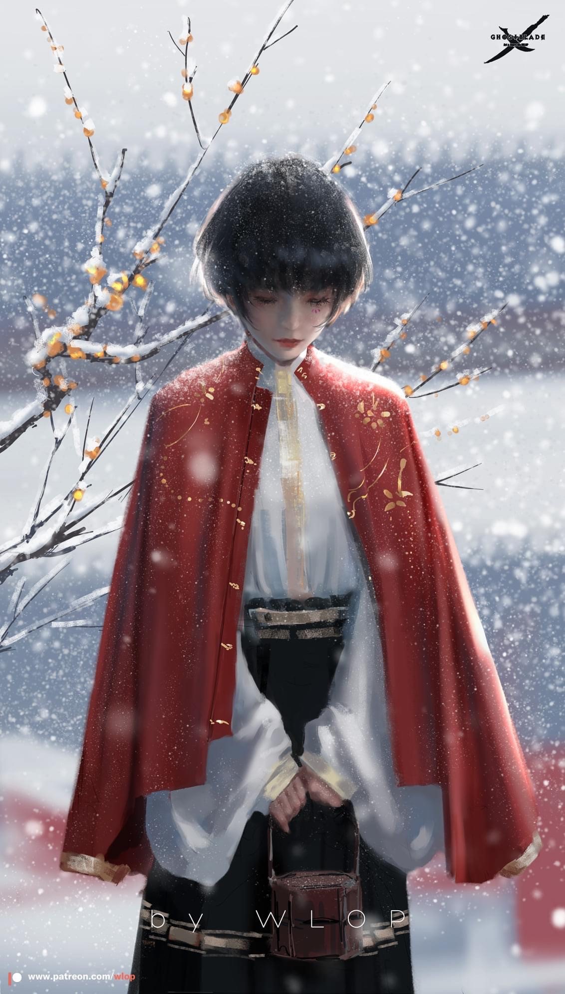 Anime girl in red cape in snow by WLOP HD Phone Wallpaper