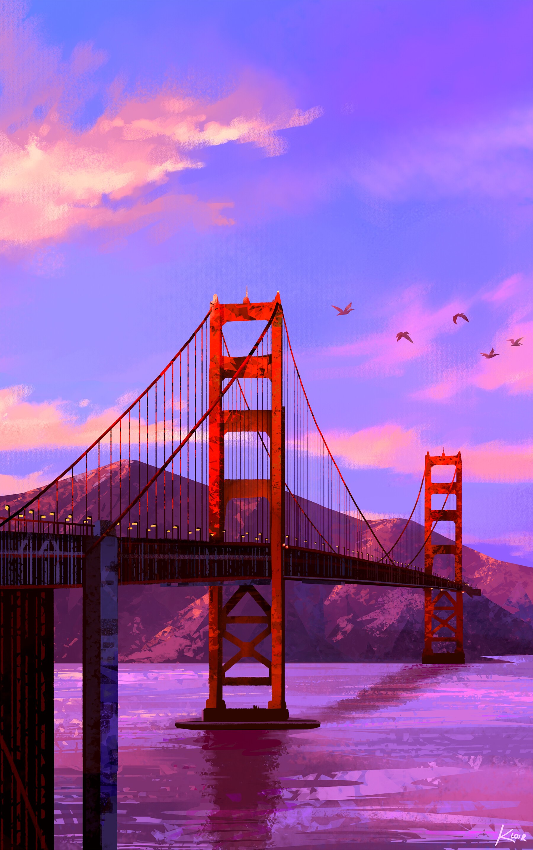 Golden Gate Bridge at sunset with birds HD Phone Wallpaper