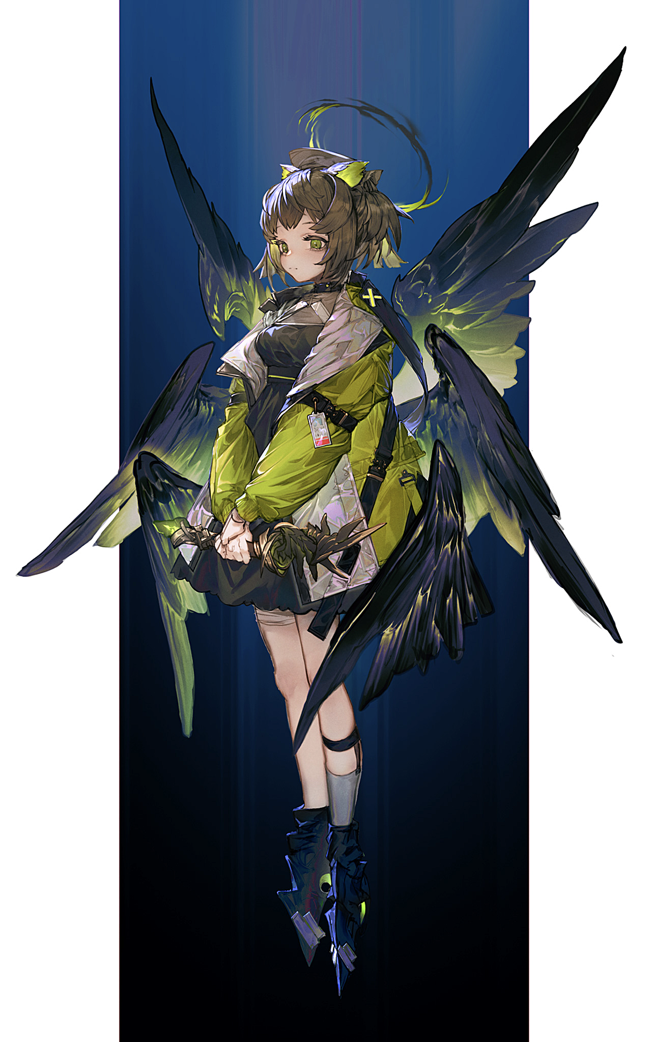 Anime girl with black and green wings and halo HD Phone Wallpaper