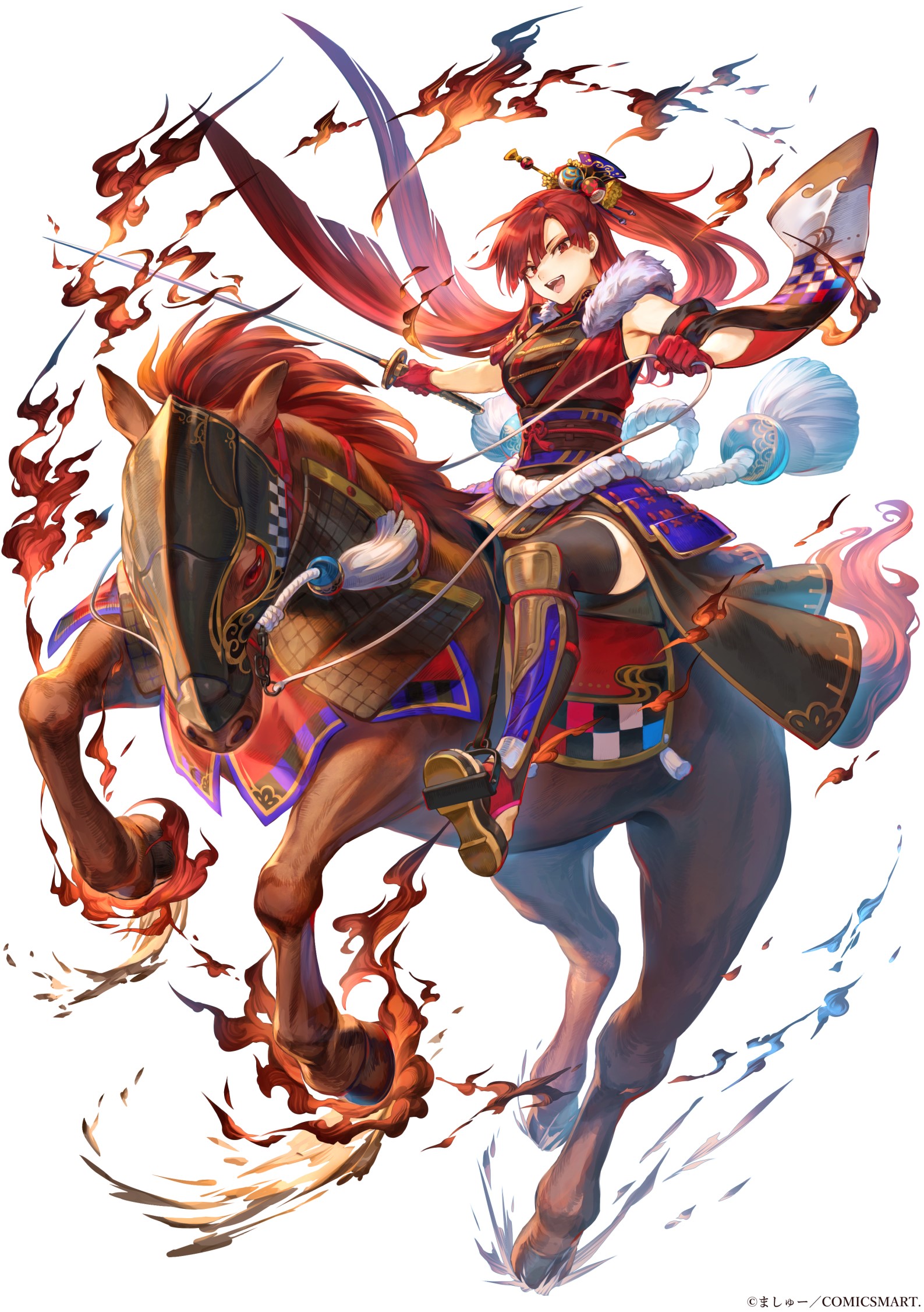 Anime girl with red hair riding a horse with a sword HD Phone Wallpaper