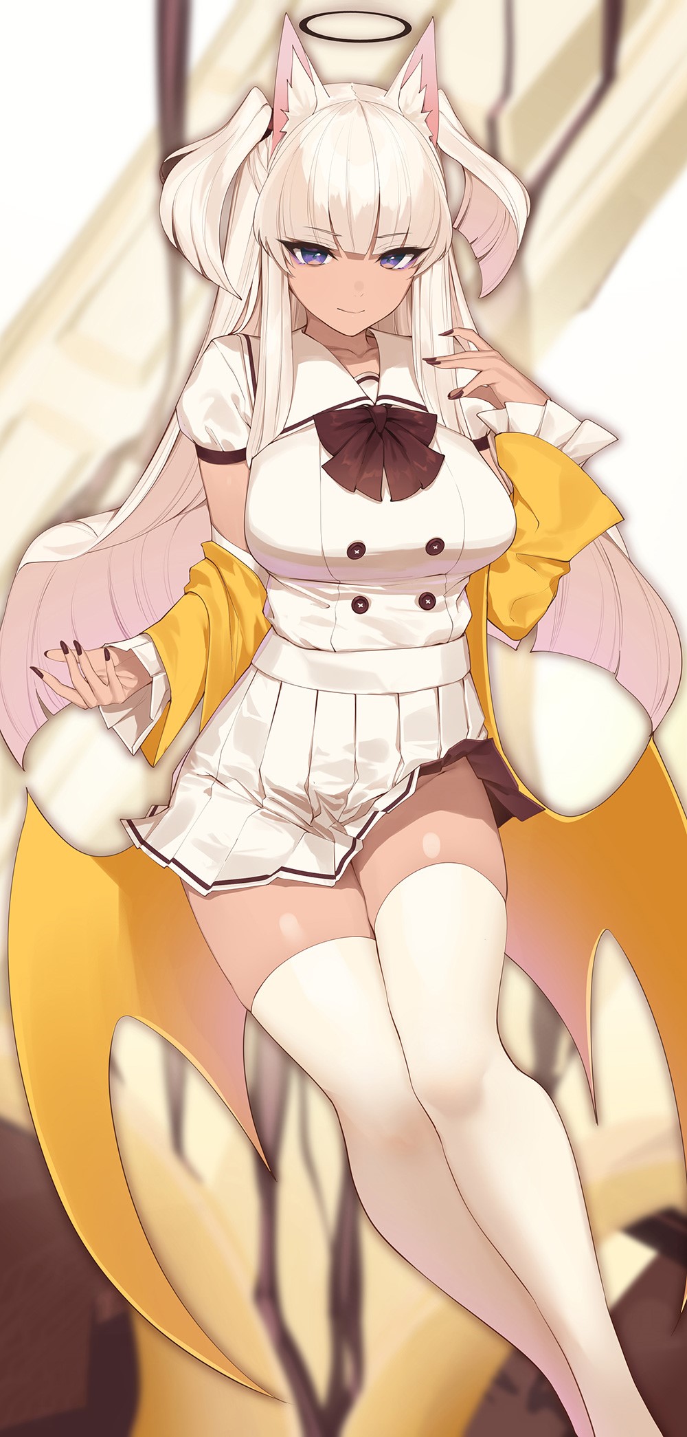 Anime girl with white hair and animal ears HD Phone Wallpaper