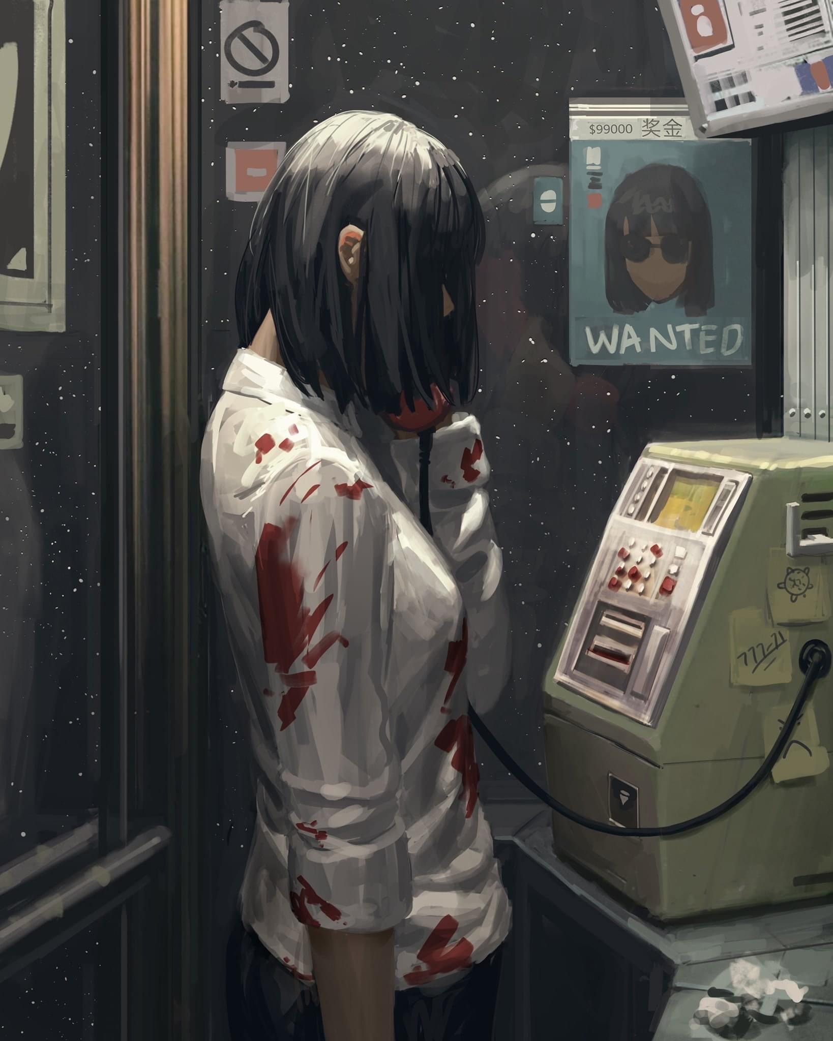 Anime girl with bloodstains on shirt using payphone HD Phone Wallpaper