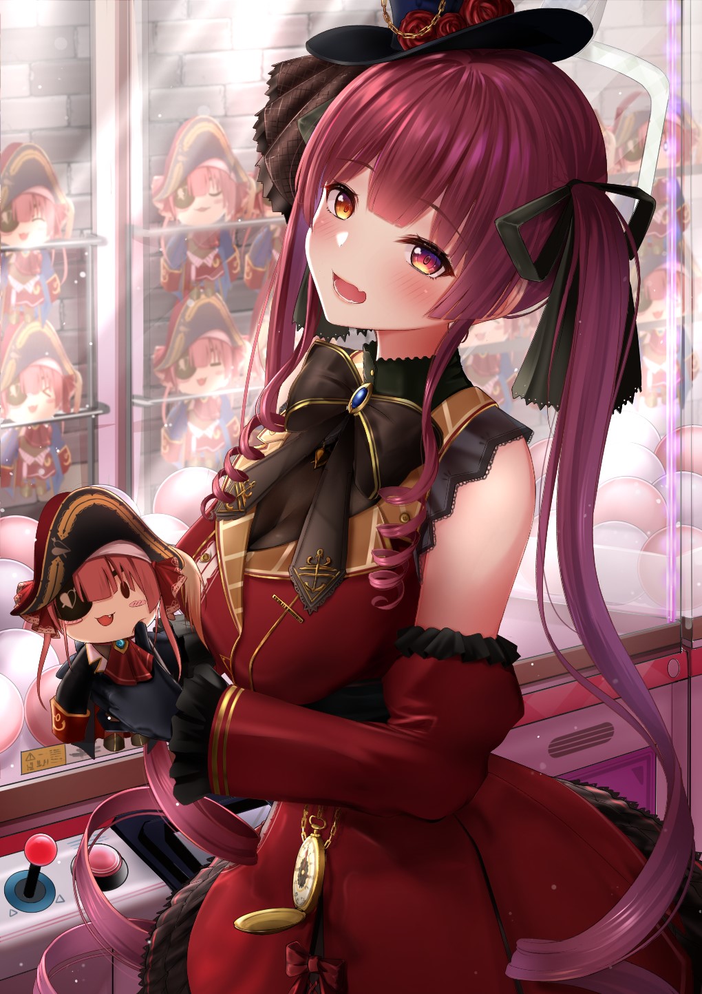 Houshou Marine holding a doll in a claw machine HD Phone Wallpaper