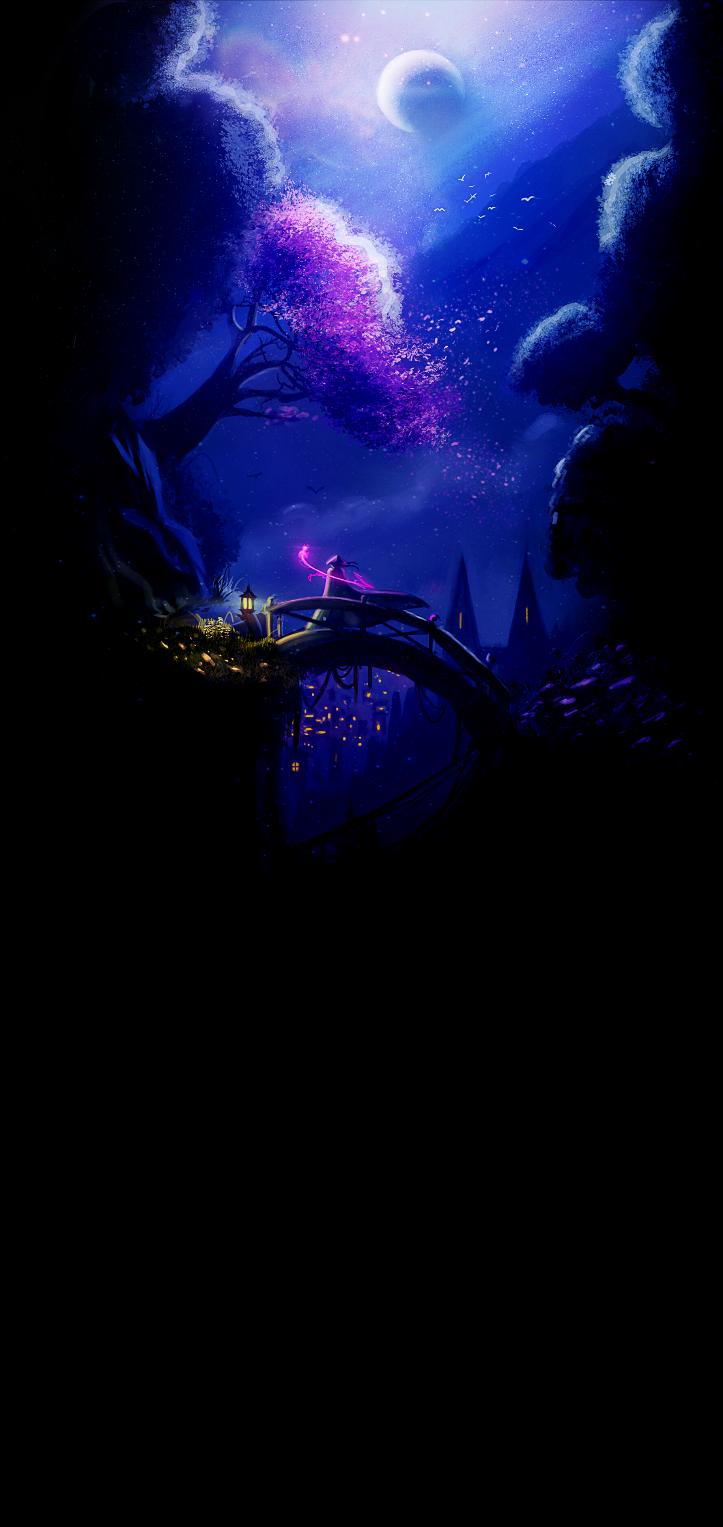 Fantasy bridge at night with purple tree and moon HD Phone Wallpaper