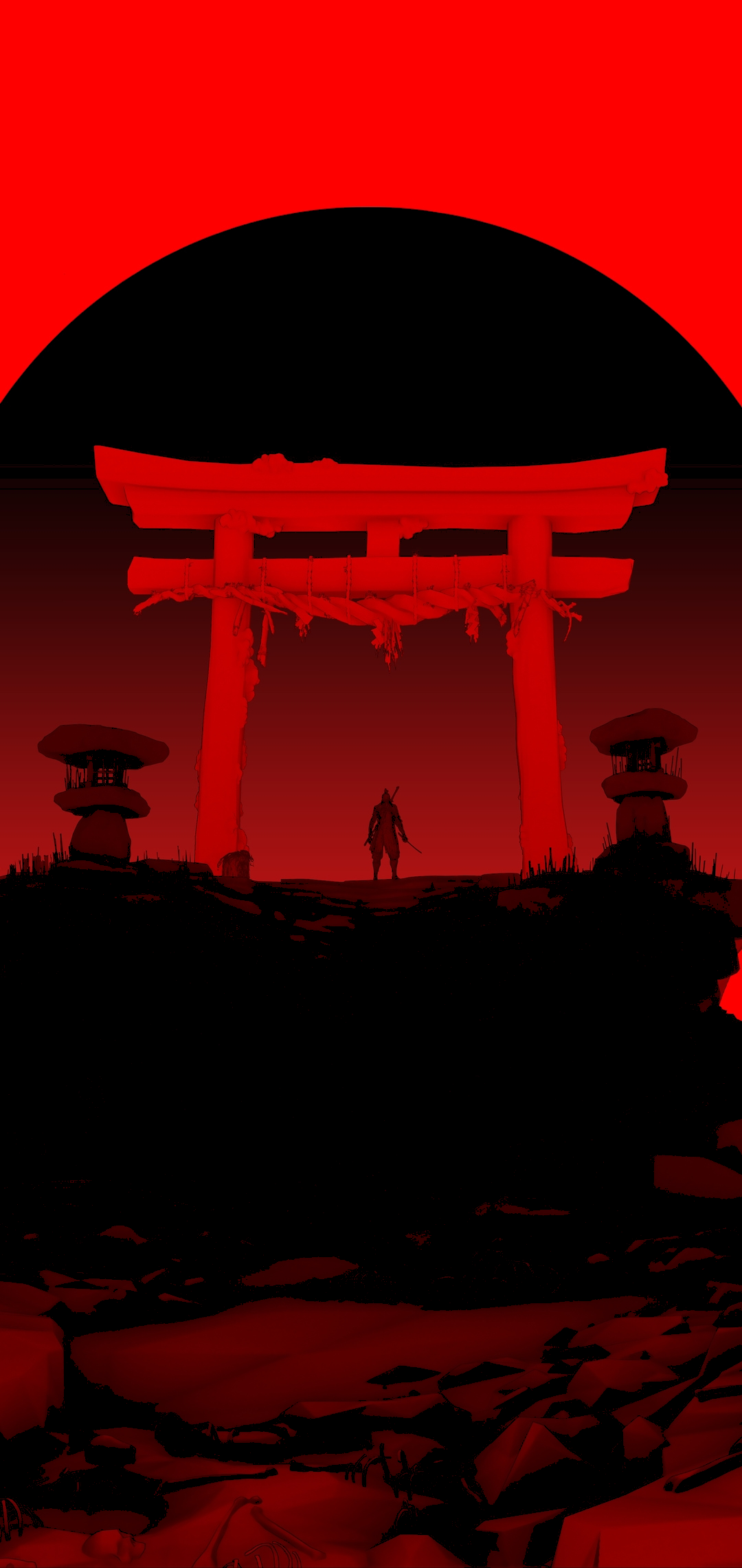 Silhouette of a warrior in front of a torii gate HD Phone Wallpaper