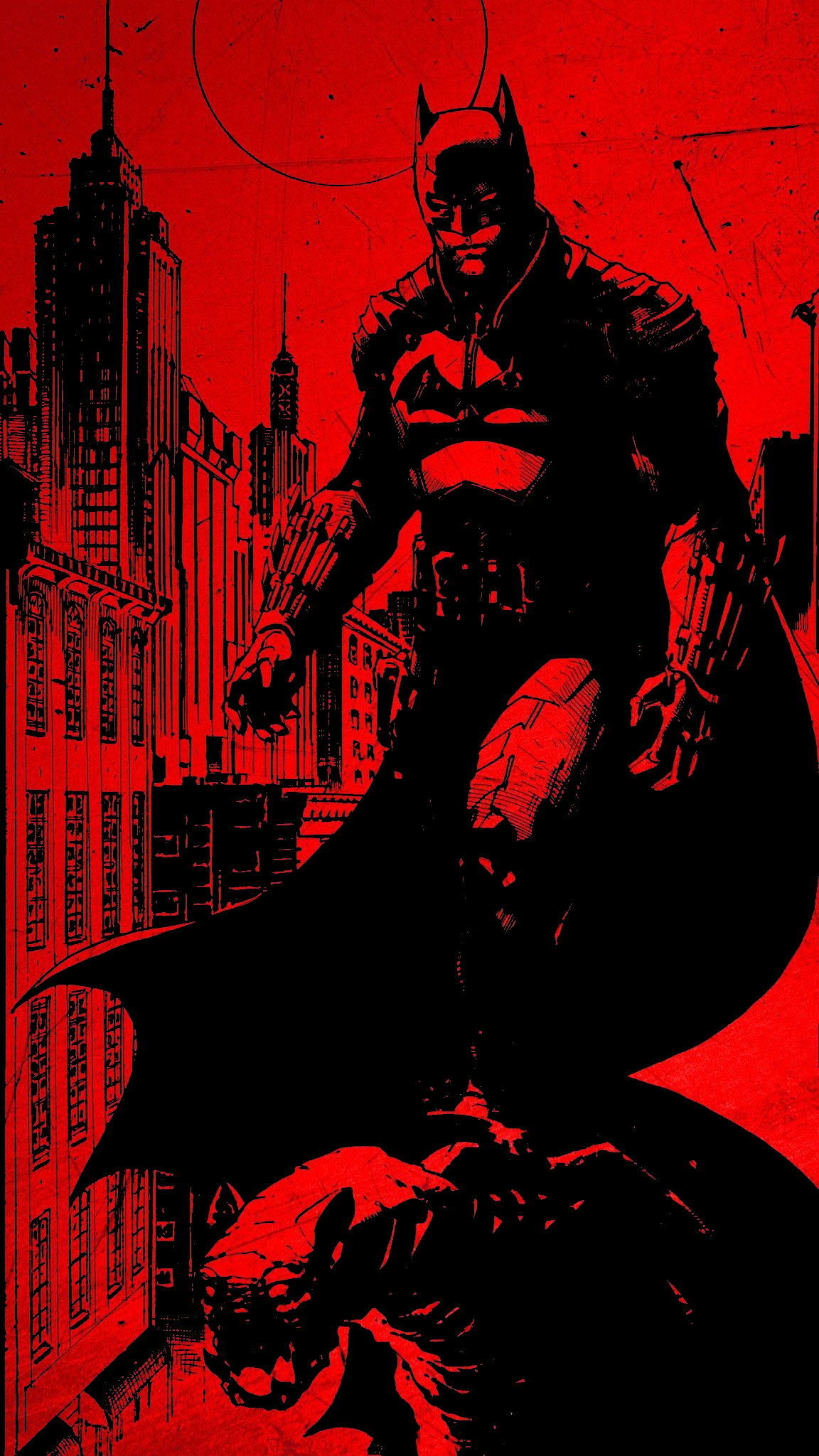 Batman standing on a gargoyle in a city HD Phone Wallpaper