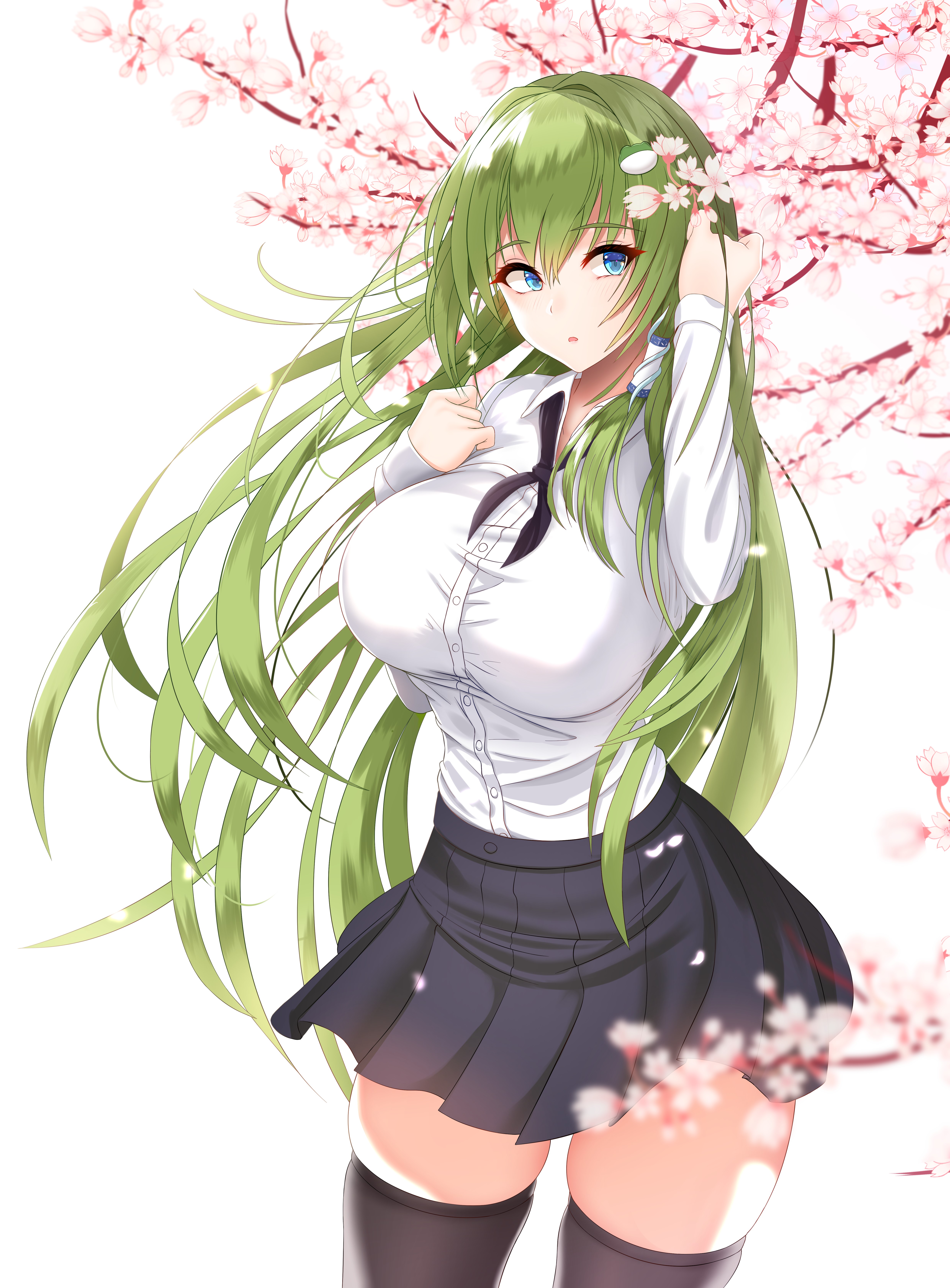 Kochiya Sanae from Touhou with green hair and cherry blossoms HD Phone Wallpaper
