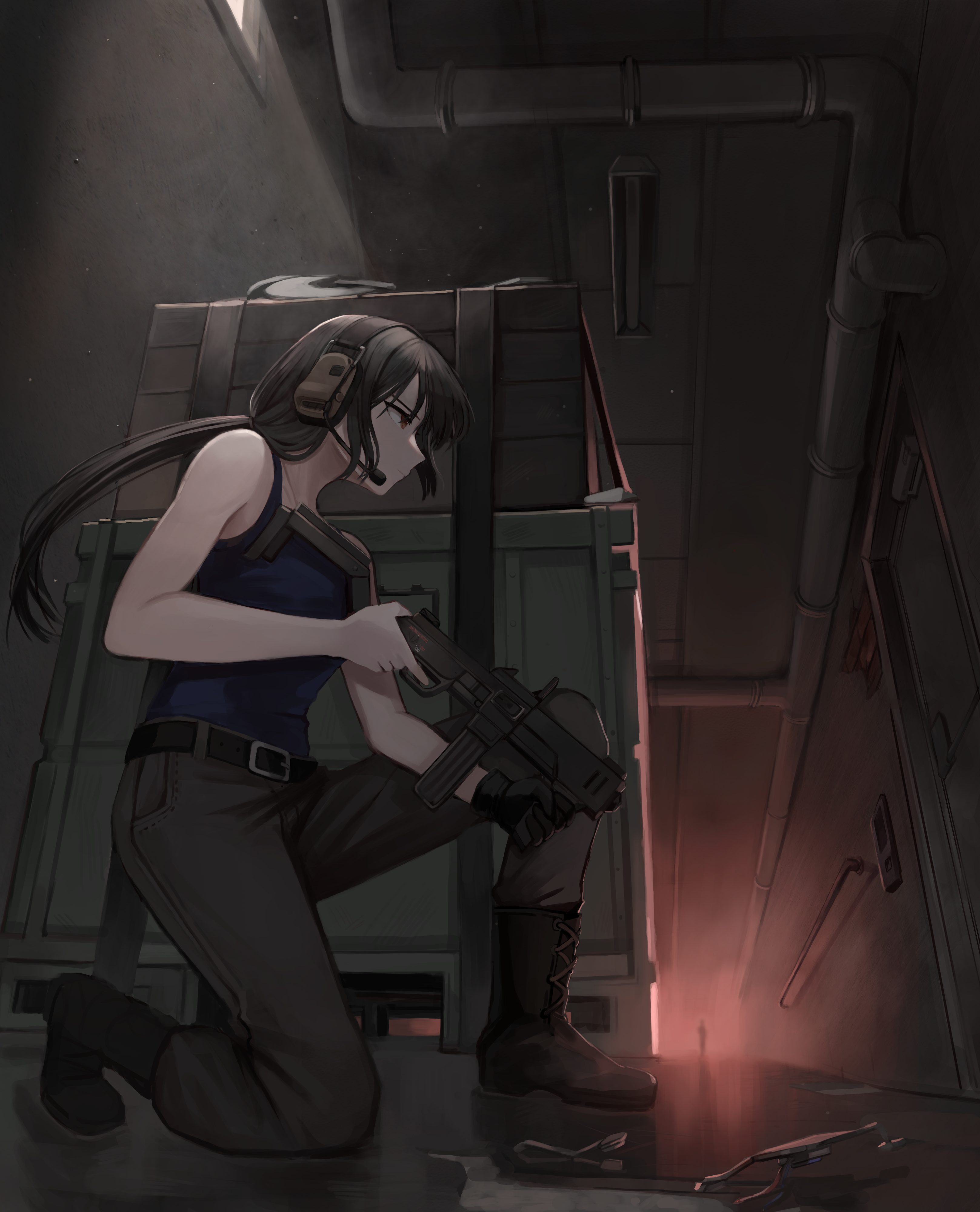 Anime girl with headphones holding a submachine gun HD Phone Wallpaper