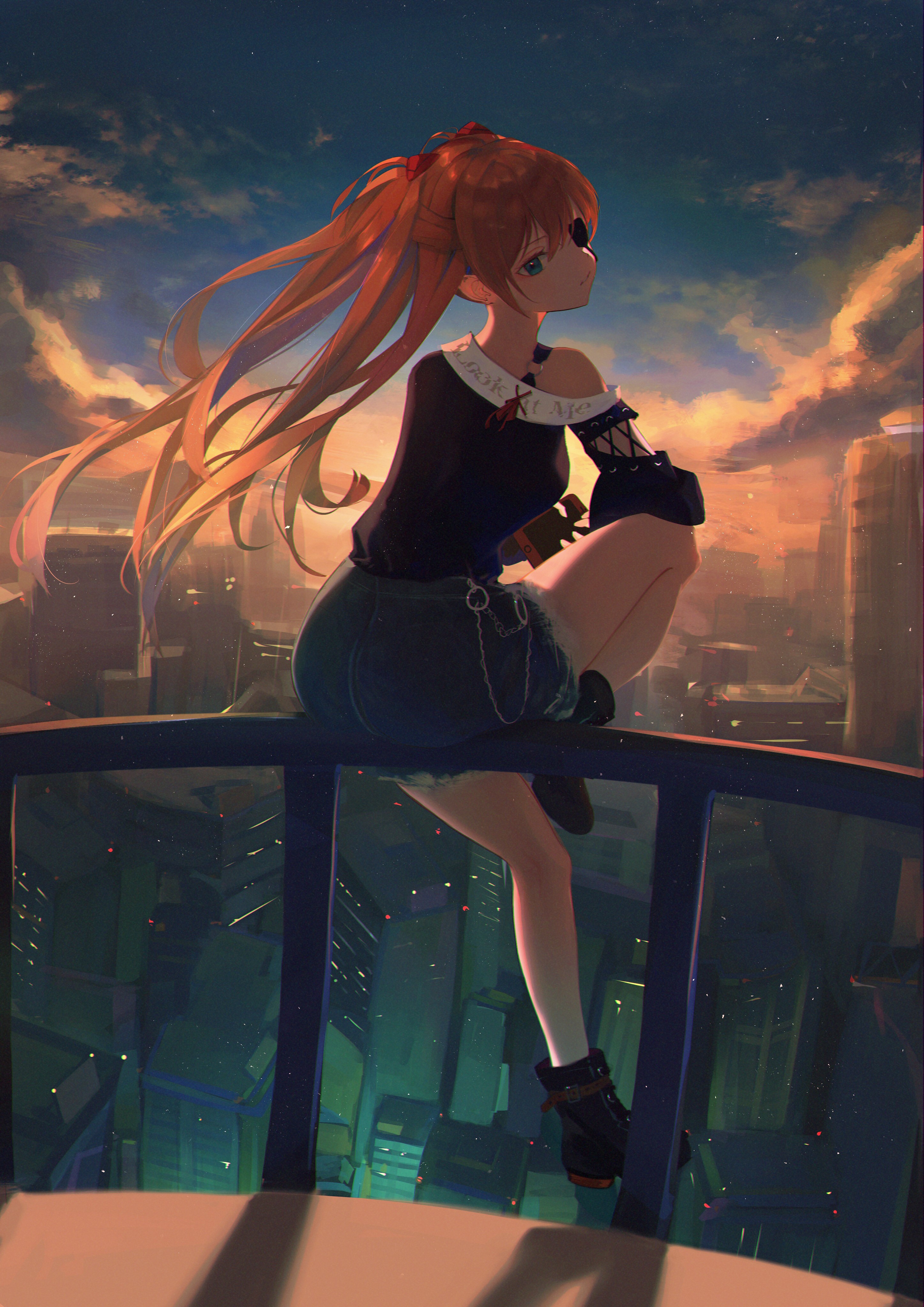 Asuka Langley Soryu from Neon Genesis Evangelion sitting on a railing HD Phone Wallpaper