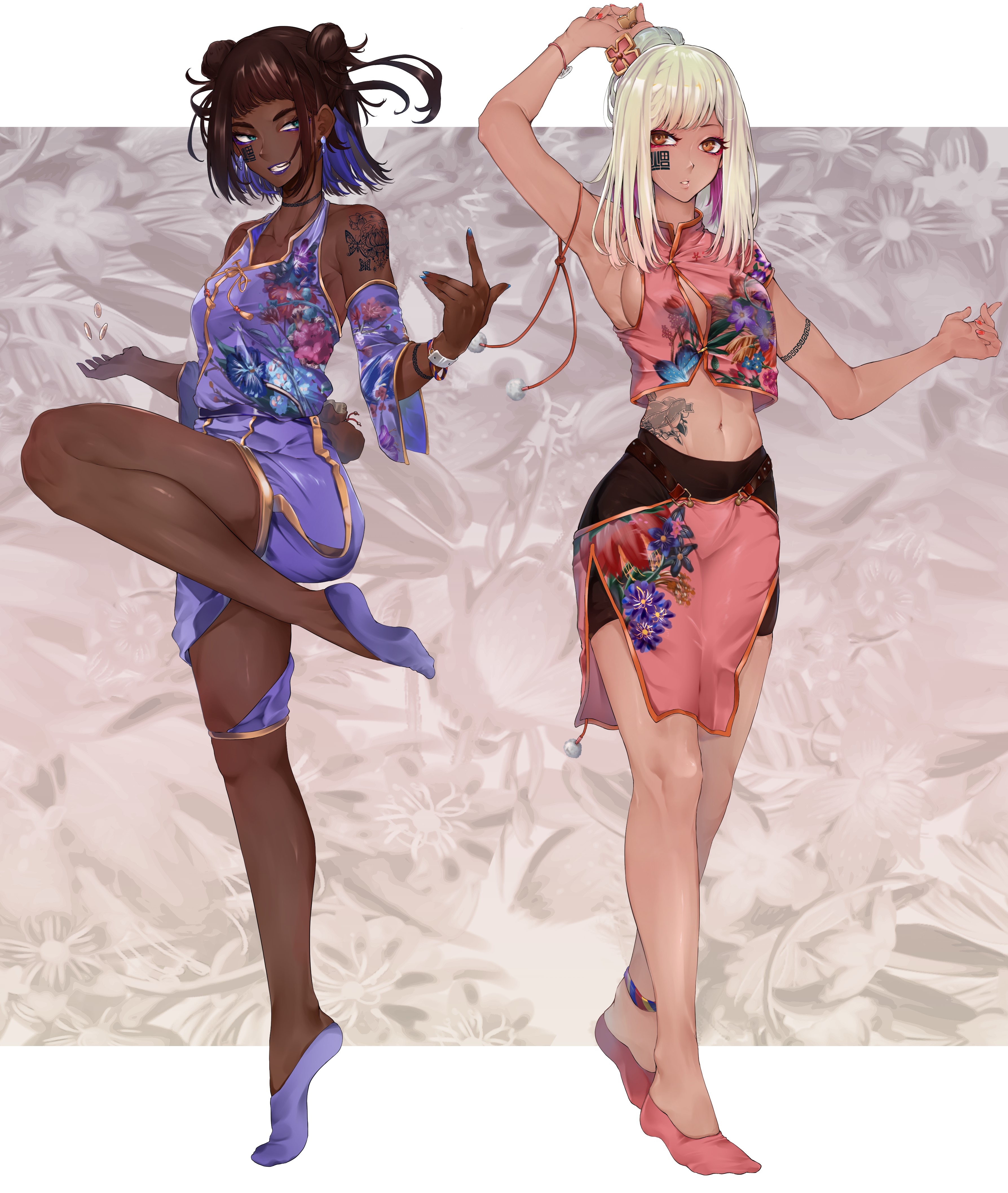 Two anime women in floral Chinese clothing HD Phone Wallpaper