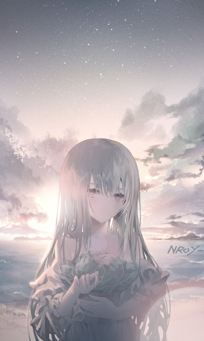 Anime girl with silver hair holding flowers on a beach HD Phone Wallpaper