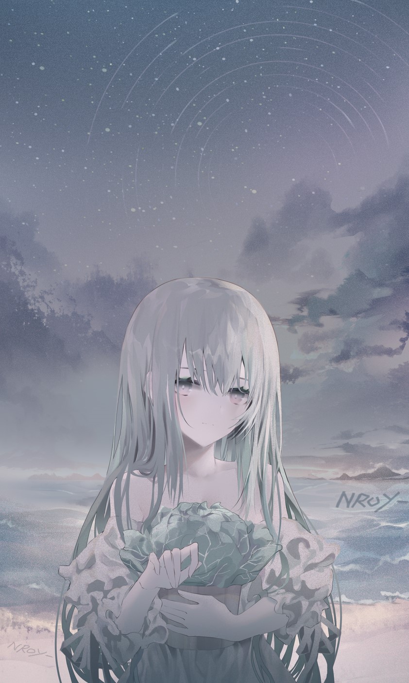 Anime girl with silver hair holding a cabbage by the sea HD Phone Wallpaper